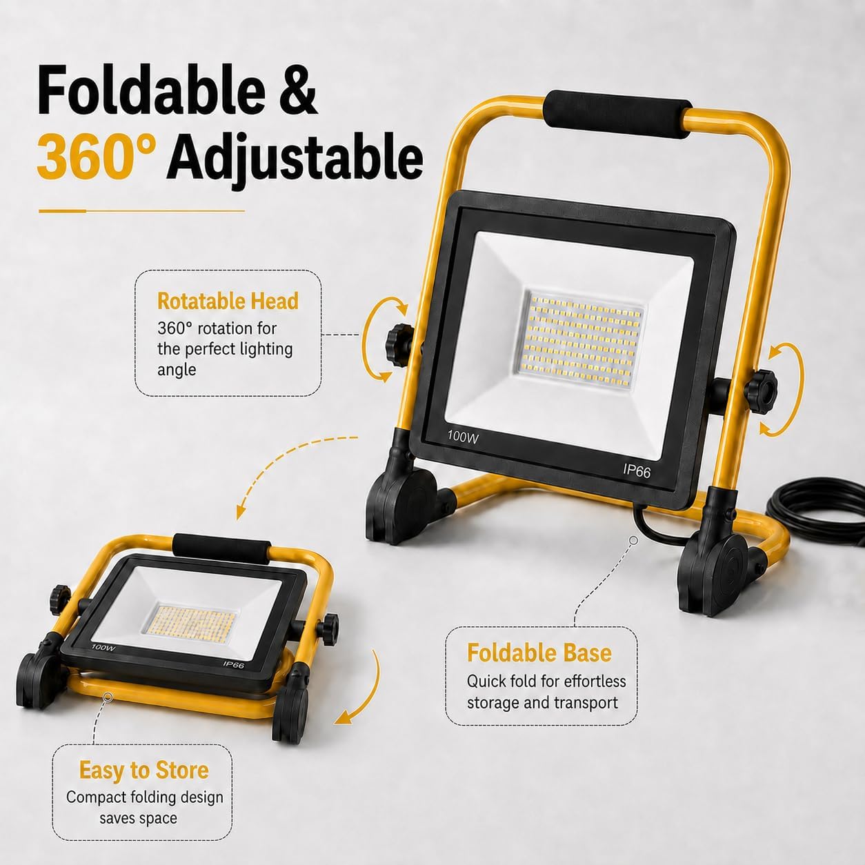 100W LED Baustrahler, Spotlight Mobil IP66 Wetterfest 4M Kabel mit Stecker | Arbeitsleuchte mit 360° drehbarem Flutlicht, verstellbarer Sockel, ideal für Garage und Baustelle 3 100W LED Baustrahler, Spotlight Mobil IP66 Wetterfest 4M Kabel mit Stecker | Arbeitsleuchte mit 360° drehbarem Flutlicht, verstellbarer Sockel, ideal für Garage und Baustelle – Bild 3