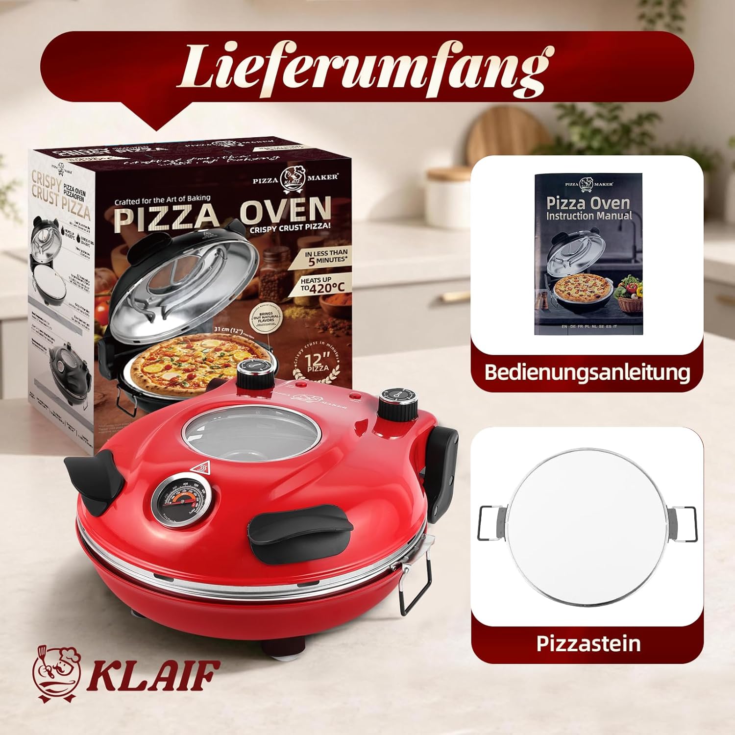 KLAIF Elektrischer Pizzaofen, LM-Rot | separat regelbare Ober- und Unterhitze, 31 cm Keramik-Pizzastein, Kompakter Pizzaofen für Zuhause, 1200 W, 420 °C 5 KLAIF Elektrischer Pizzaofen, LM-Rot | separat regelbare Ober- und Unterhitze, 31 cm Keramik-Pizzastein, Kompakter Pizzaofen für Zuhause, 1200 W, 420 °C – Bild 5