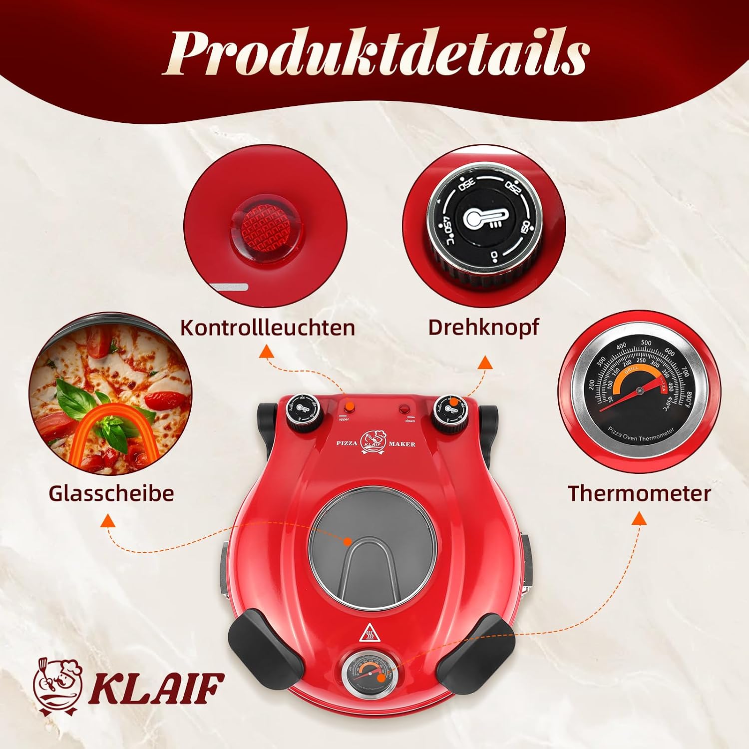 KLAIF Elektrischer Pizzaofen, LM-Rot | separat regelbare Ober- und Unterhitze, 31 cm Keramik-Pizzastein, Kompakter Pizzaofen für Zuhause, 1200 W, 420 °C 3 KLAIF Elektrischer Pizzaofen, LM-Rot | separat regelbare Ober- und Unterhitze, 31 cm Keramik-Pizzastein, Kompakter Pizzaofen für Zuhause, 1200 W, 420 °C – Bild 3