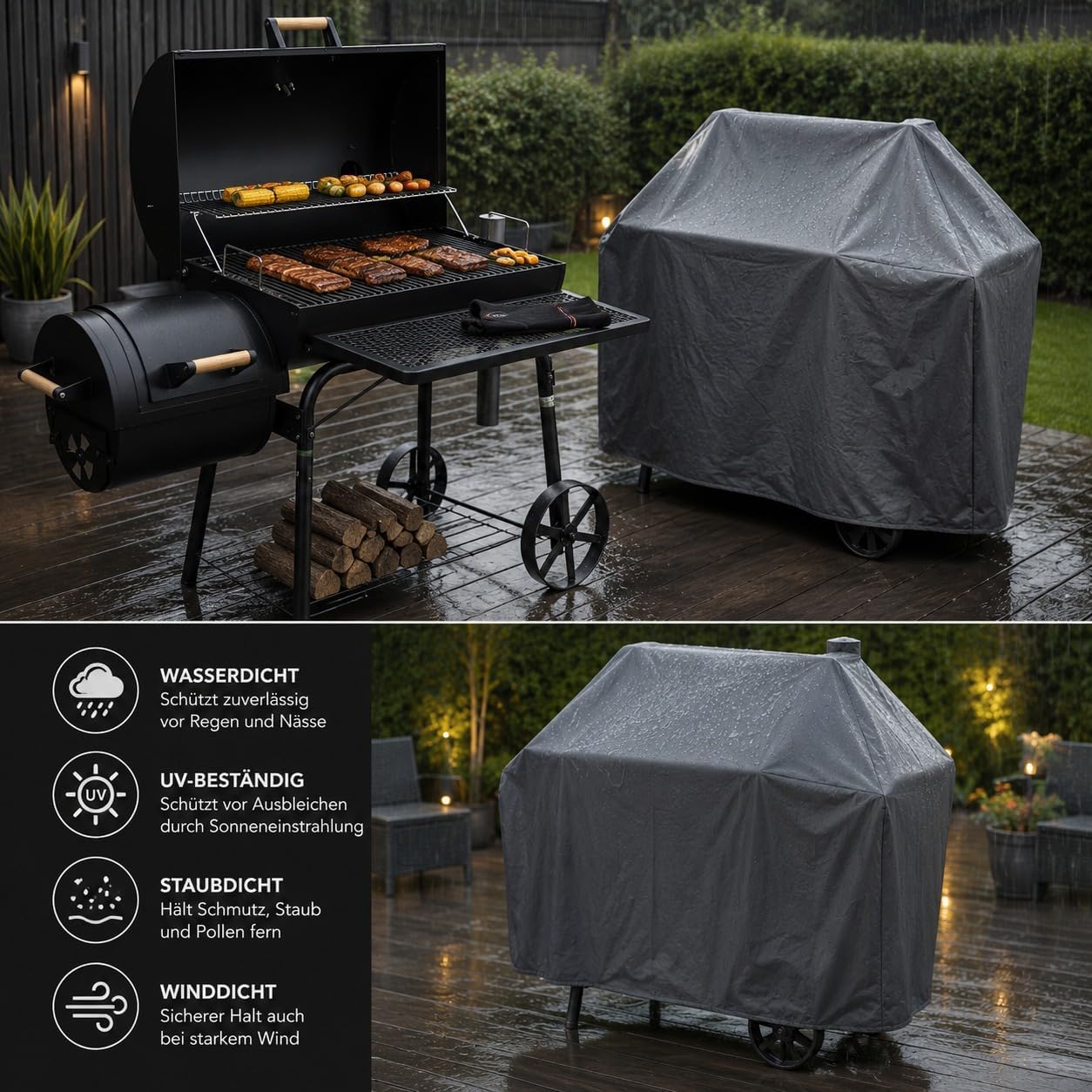 30 Kg Smoker Grill mit Abdeckhaube XL BBQ Smoker GRILLWAGEN Holzkohle Grillkamin Standgrill Räucherofen Zubehör Holzkohlegrill Schwarz Räuchergrill mit Thermometer & Rädern Deckelthermometer 4 30 Kg Smoker Grill mit Abdeckhaube XL BBQ Smoker GRILLWAGEN Holzkohle Grillkamin Standgrill Räucherofen Zubehör Holzkohlegrill Schwarz Räuchergrill mit Thermometer & Rädern Deckelthermometer – Bild 4