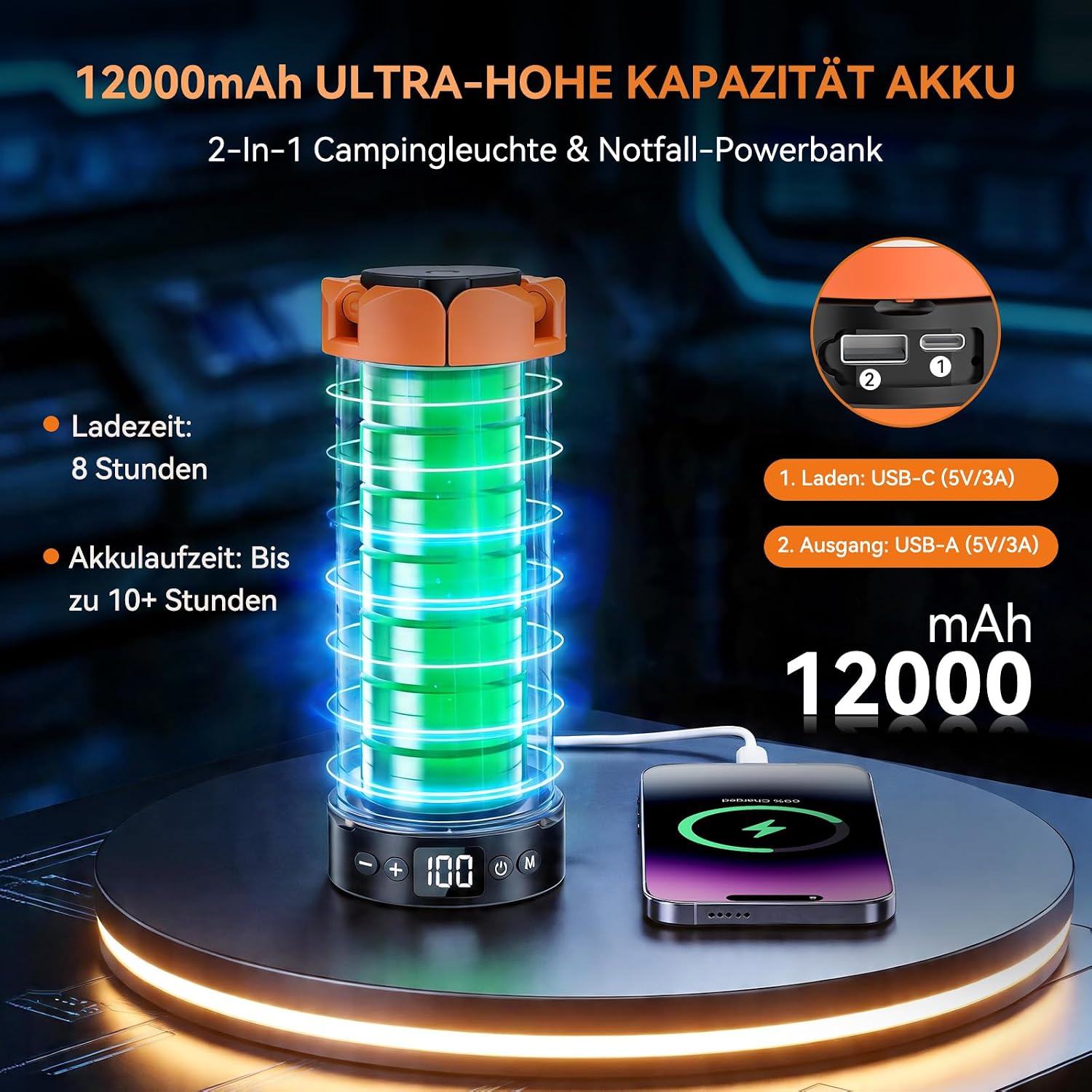 LED Campinglampe Aufladbar mit Teleskopstativ, 12000 mAh, 3 Lichtfarben Camping Lampe Akku, 6000LM dimmbare LED Arbeitsleuchte mit Magnet Haken und SOS, IP65 Werkstatt, Camping Garage Baustelle 4 LED Campinglampe Aufladbar mit Teleskopstativ, 12000 mAh, 3 Lichtfarben Camping Lampe Akku, 6000LM dimmbare LED Arbeitsleuchte mit Magnet Haken und SOS, IP65 Werkstatt, Camping Garage Baustelle – Bild 4