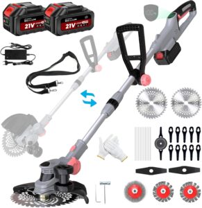 Akku Rasentrimmer mit Akku und Ladegerät, 21V Rasentrimmer für Makita Akku, Freischneider Akku - Inkl. 2 X 4.0Ah Batterie, Rasentrimmer mit Unkrautbürste, 90° Schwenkbarer Kopf, für Garten(Grau)