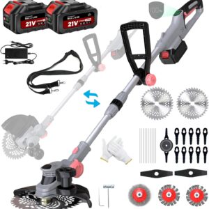 Akku Rasentrimmer mit Akku und Ladegerät, 21V Rasentrimmer für Makita Akku, Freischneider Akku - Inkl. 2 X 4.0Ah Batterie, Rasentrimmer mit Unkrautbürste, 90° Schwenkbarer Kopf, für Garten(Grau)