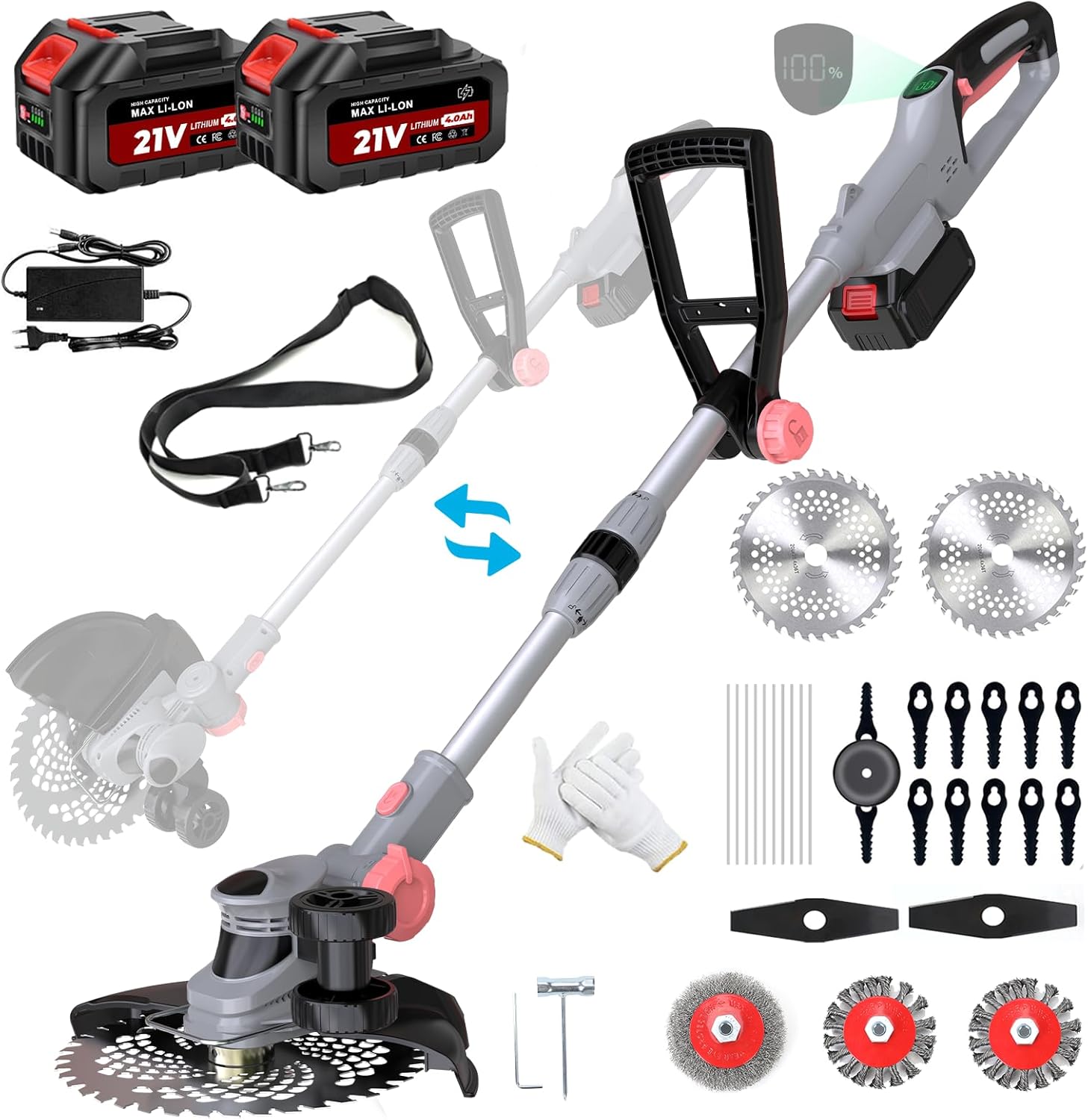 Akku Rasentrimmer mit Akku und Ladegerät, 21V Rasentrimmer für Makita Akku, Freischneider Akku - Inkl. 2 X 4.0Ah Batterie, Rasentrimmer mit Unkrautbürste, 90° Schwenkbarer Kopf, für Garten(Grau) 1 Akku Rasentrimmer mit Akku und Ladegerät, 21V Rasentrimmer für Makita Akku, Freischneider Akku - Inkl. 2 X 4.0Ah Batterie, Rasentrimmer mit Unkrautbürste, 90° Schwenkbarer Kopf, für Garten(Grau)