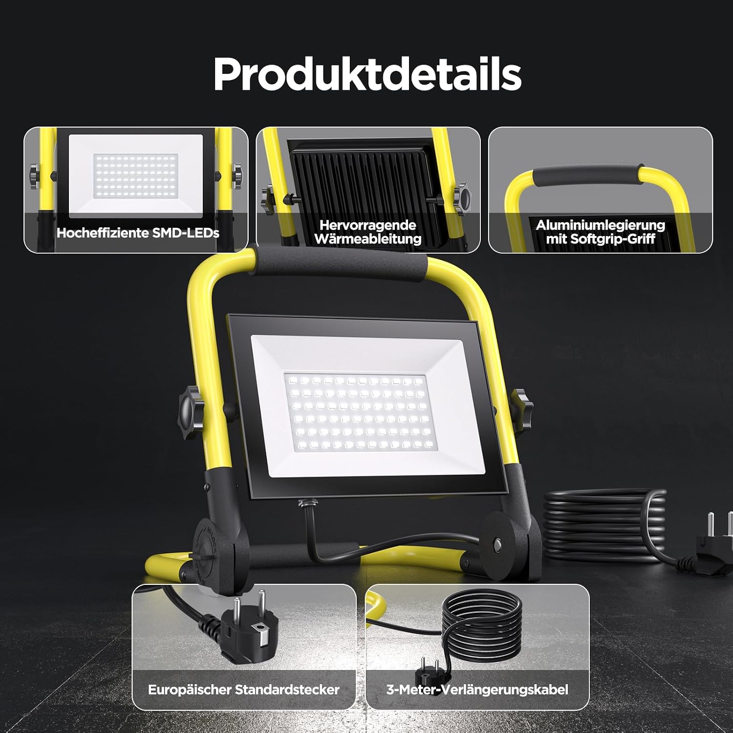 LED Baustrahler, 50W 5000LM Arbeitsleuchte mit Stativ und 3m Kabel, IP66 Wasserdichter Baustrahler LED mit EU Stecker, 6500K Kaltes Weißes Licht Baustellenlampe für Werkstatt oder Baustelle, Garage 2 LED Baustrahler, 50W 5000LM Arbeitsleuchte mit Stativ und 3m Kabel, IP66 Wasserdichter Baustrahler LED mit EU Stecker, 6500K Kaltes Weißes Licht Baustellenlampe für Werkstatt oder Baustelle, Garage – Bild 2