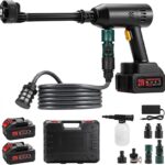 Hcalory Kabelloser Hochdruckreiniger, 600PSI (ca. 41 bar) Akku-Druckreiniger mit 2x3000mAh Akku, 7-in-1 Düse & Schaumkanone, Wasserhahnanschluss+Absperrventil – für Auto, Terrasse, Garten, Fahrrad