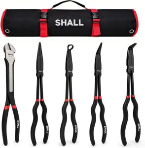 SHALL 5-teiliges Spitzzangen Set – Spitzzange lang gerade, 45°, 90°, gebogen & extra-lang, mit Seitenschneider klein, als Sprengringzange & Armaturenzange nutzbar, professionelles Zangen Werkzeug-Set