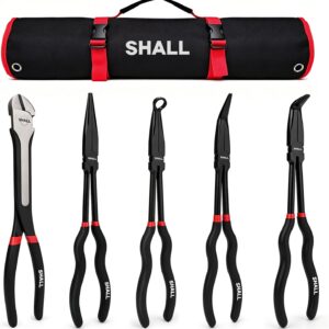 SHALL 5-teiliges Spitzzangen Set – Spitzzange lang gerade, 45°, 90°, gebogen & extra-lang, mit Seitenschneider klein, als Sprengringzange & Armaturenzange nutzbar, professionelles Zangen Werkzeug-Set