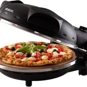 Ariete Pizzaofen 917, 4-Minuten-Pizza, Pizzaofen mit 5 Garstufen, Feuerfeste Platte zum Wiederaufwärmen, Holzbrettchen im Lieferumfang Enthalten, Max. Temperatur 400°C, 1200W, Schwarz