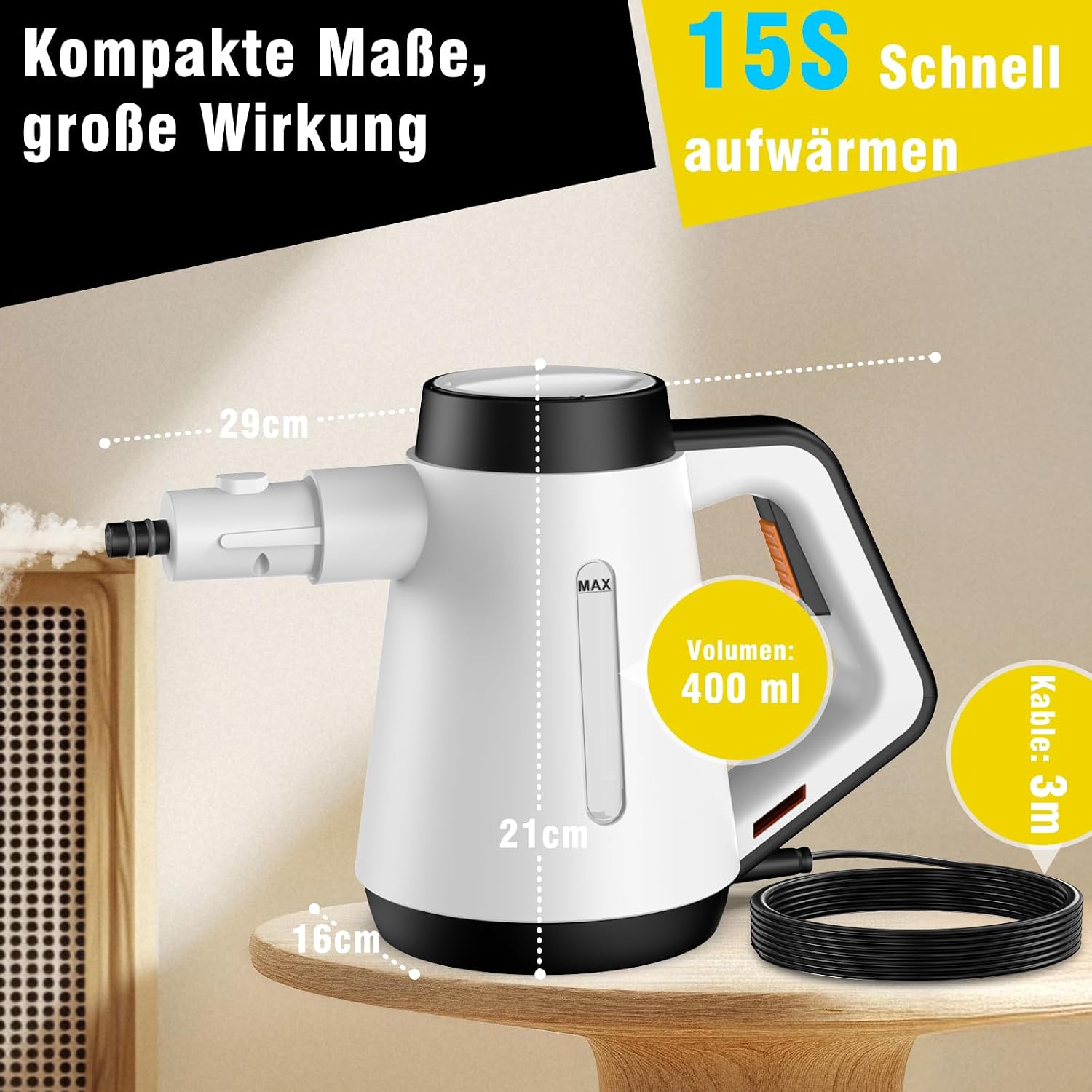Fippesax Handdampfreiniger, 400 ml Mehrzweck‑Dampfreiniger mit 9‑teiligem Zubehör, chemikalienfrei für Haushalt, Böden, Fliesen, Fenster & Sofas 3 Fippesax Handdampfreiniger, 400 ml Mehrzweck‑Dampfreiniger mit 9‑teiligem Zubehör, chemikalienfrei für Haushalt, Böden, Fliesen, Fenster & Sofas – Bild 3
