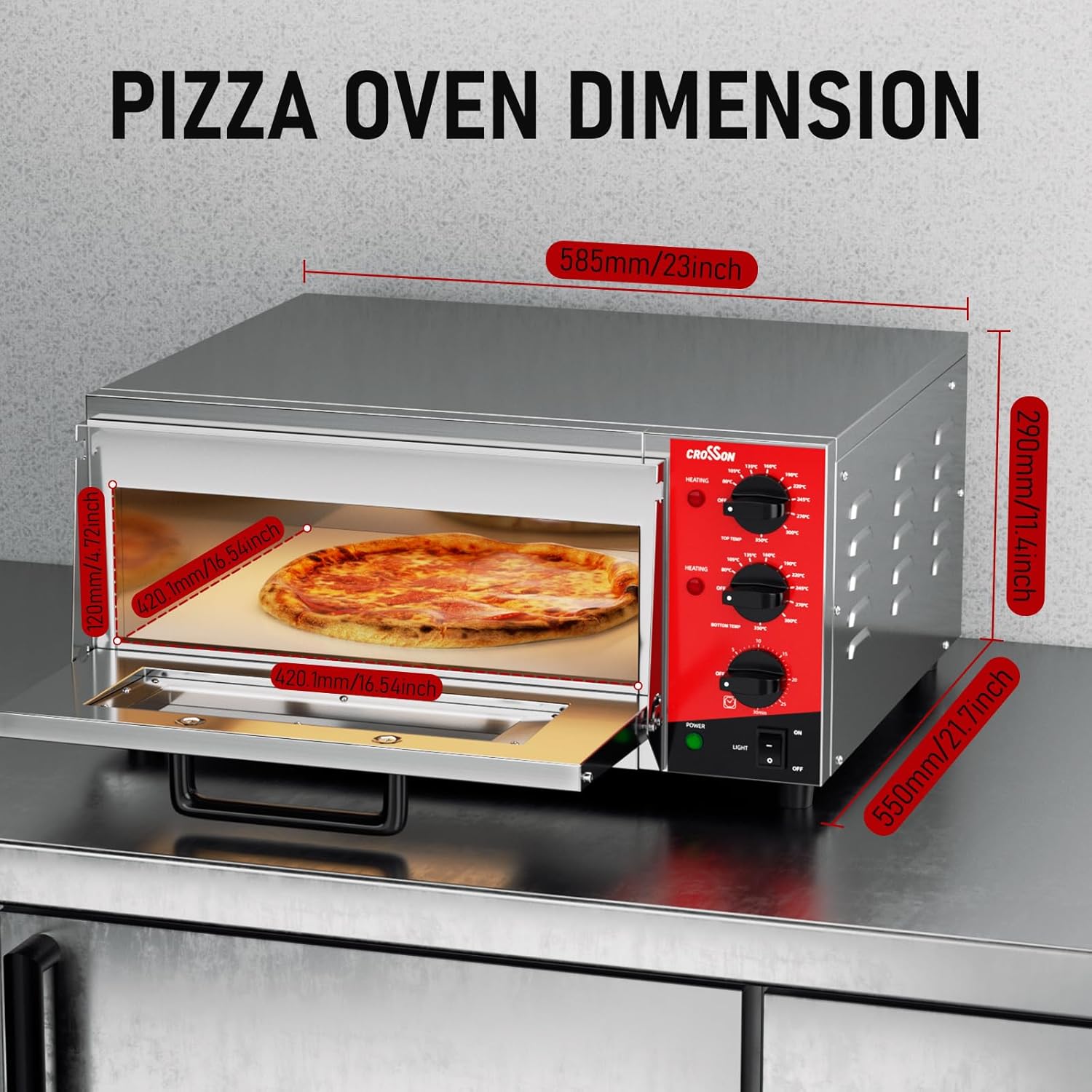 CROSSON elektrischer Profi-Pizzaofen mit 400x400 mm Backfläche aus Schamottstein für Pizza, Brot und Backwaren, unabhängige Ober- und Untertemperatur bis 350℃,30-Minuten-Timer, Innenbeleuchtung 2 CROSSON elektrischer Profi-Pizzaofen mit 400x400 mm Backfläche aus Schamottstein für Pizza, Brot und Backwaren, unabhängige Ober- und Untertemperatur bis 350℃,30-Minuten-Timer, Innenbeleuchtung – Bild 2