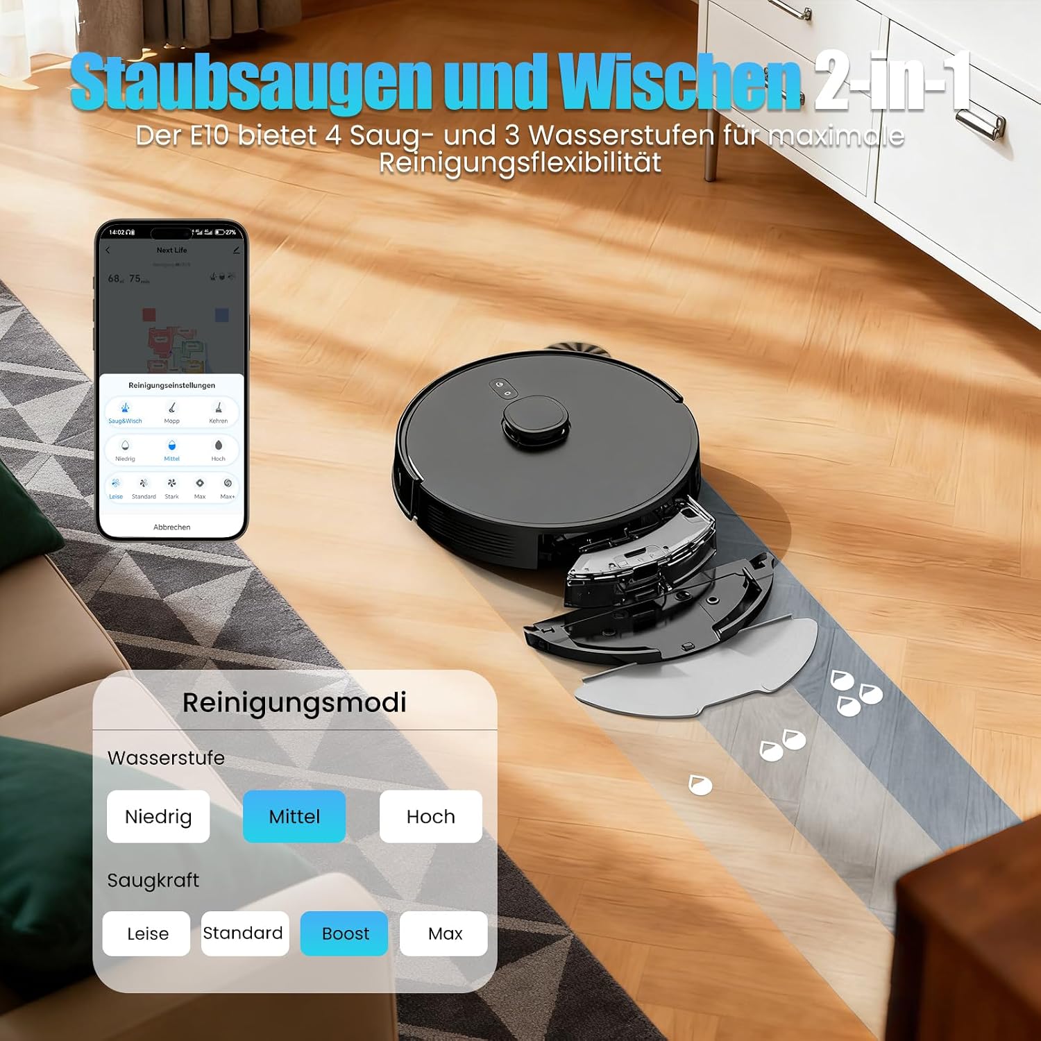 E10+ Saugroboter mit Wischfunktion für Tierhaare Teppich mit 8000Pa | BOTLUXE Staubsauger Roboter mit Absaugstation 3.5L, Saug und Wischroboter LiDAR Navigation, APP Steuerung 4 E10+ Saugroboter mit Wischfunktion für Tierhaare Teppich mit 8000Pa | BOTLUXE Staubsauger Roboter mit Absaugstation 3.5L, Saug und Wischroboter LiDAR Navigation, APP Steuerung – Bild 4