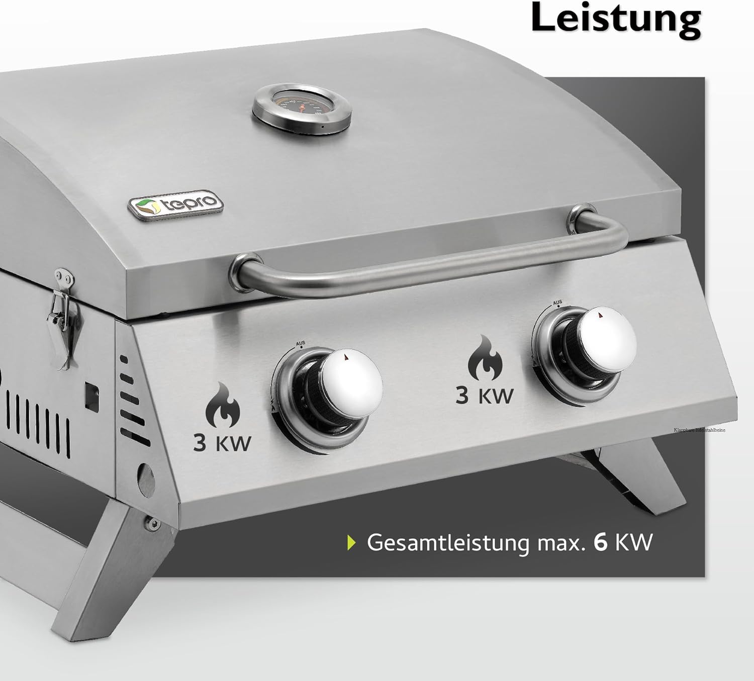 tepro Tischgasgrill Chicago, 2 Brenner mit je ca. 3 kW Leistung, Piezozündung, Thermometer, Maße ca. 54 x 45,5 x 36 cm, Silber 4 tepro Tischgasgrill Chicago, 2 Brenner mit je ca. 3 kW Leistung, Piezozündung, Thermometer, Maße ca. 54 x 45,5 x 36 cm, Silber – Bild 4