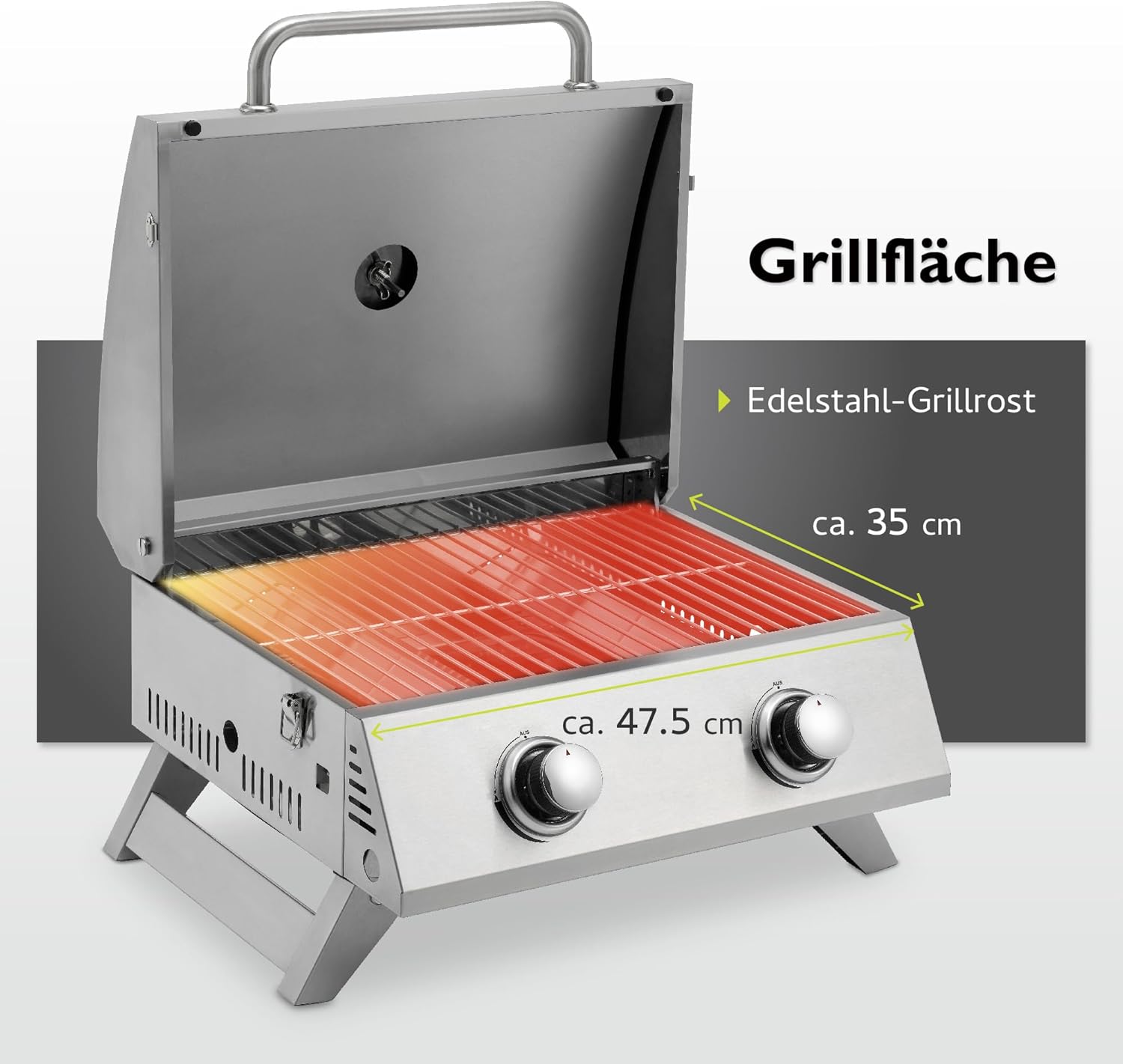 tepro Tischgasgrill Chicago, 2 Brenner mit je ca. 3 kW Leistung, Piezozündung, Thermometer, Maße ca. 54 x 45,5 x 36 cm, Silber 3 tepro Tischgasgrill Chicago, 2 Brenner mit je ca. 3 kW Leistung, Piezozündung, Thermometer, Maße ca. 54 x 45,5 x 36 cm, Silber – Bild 3