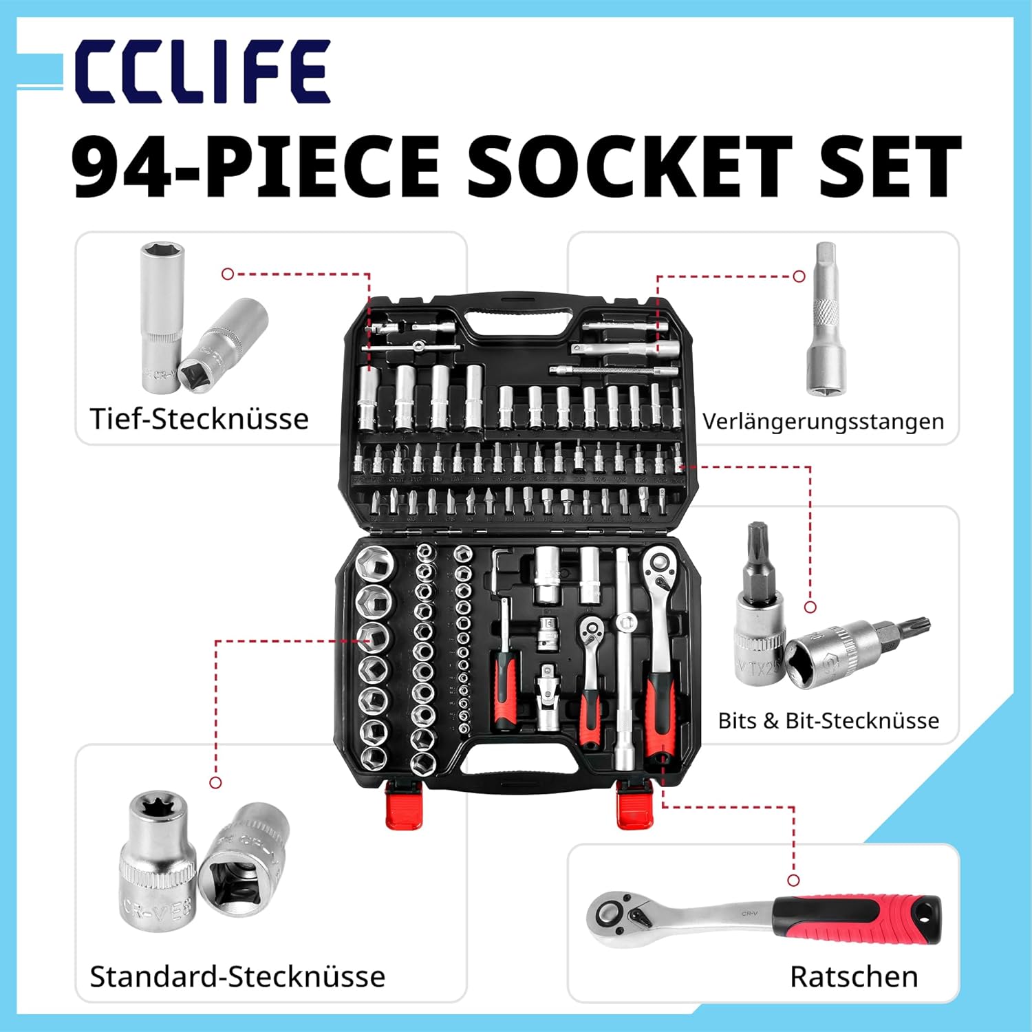 CCLIFE Steckschlüsselsatz 94-tlg. 1/4" 1/2" 4-32 mm | 72-Zahn Ratschen | 5° Rückholwinkel | CrV Stahl | klare Größenmarkierung | Werkzeugkoffer 2 CCLIFE Steckschlüsselsatz 94-tlg. 1/4" 1/2" 4-32 mm | 72-Zahn Ratschen | 5° Rückholwinkel | CrV Stahl | klare Größenmarkierung | Werkzeugkoffer – Bild 2