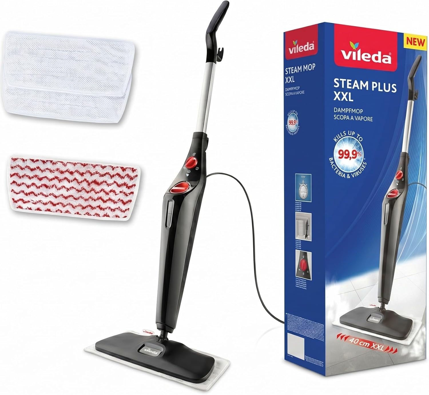 Vileda Steam Plus XXL Dampfreiniger für Böden und Teppiche mit PowerPad und 2 Mikrofaserbezügen | 40 cm Wischerplatte | 15 Sek. Aufheizzeit | Comfort-Pack | 40 cm Wischerplatte | 15 Sek. Aufheizzeit | inkl. Teppichgleiter | entfernt 99,9% Bakterien & Viren | Comfort Pack 1 Vileda Steam Plus XXL Dampfreiniger für Böden und Teppiche mit PowerPad und 2 Mikrofaserbezügen | 40 cm Wischerplatte | 15 Sek. Aufheizzeit | Comfort-Pack | 40 cm Wischerplatte | 15 Sek. Aufheizzeit | inkl. Teppichgleiter | entfernt 99,9% Bakterien & Viren | Comfort Pack