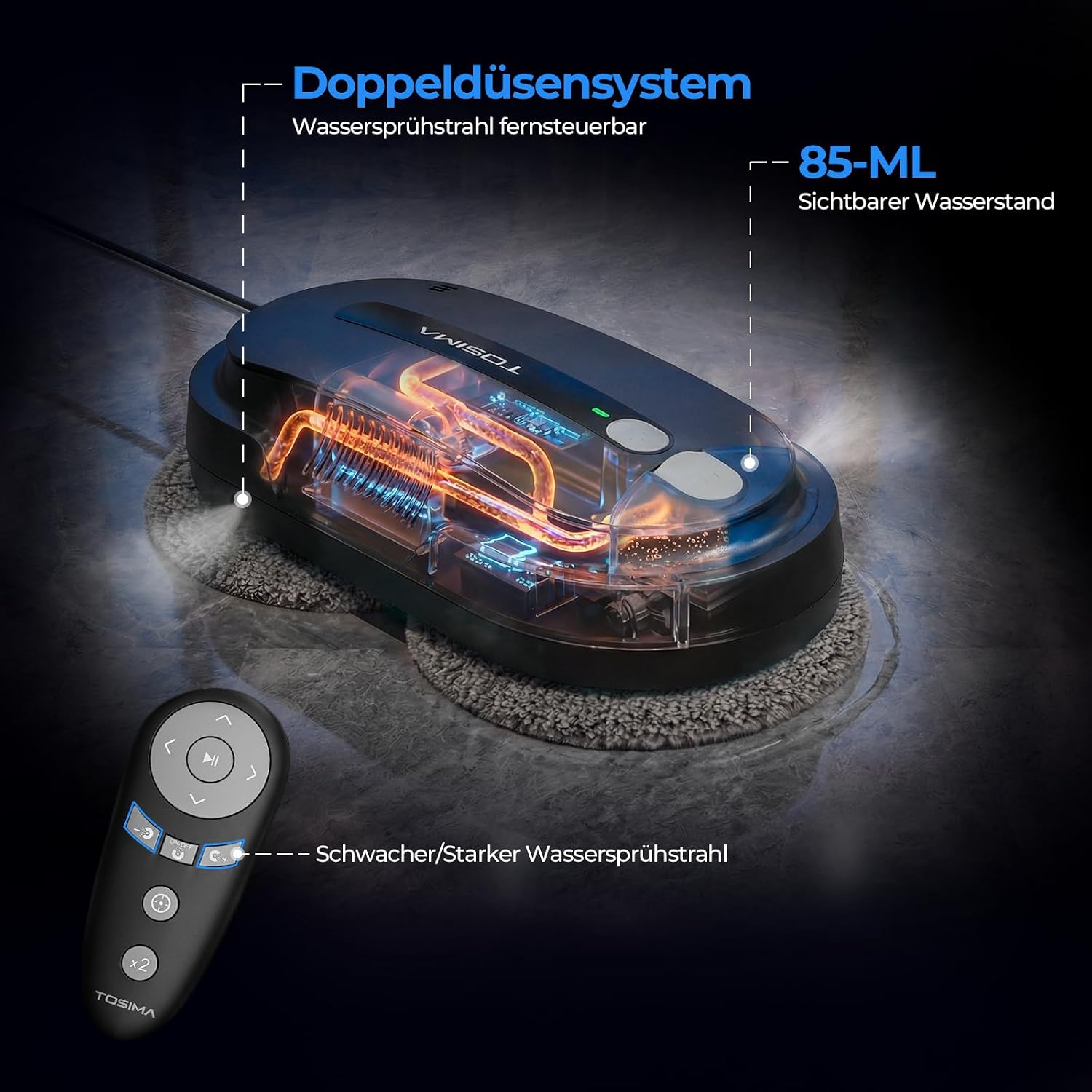 Tosima X1 Fensterputzroboter – Fensterroboter mit Doppeldüsen & Ultraschall-Wasserzerstäubung, 85-ml-Wassertank mit Sichtfenster, automatischer Fensterputzer (Reines Schwarz) 3 Tosima X1 Fensterputzroboter – Fensterroboter mit Doppeldüsen & Ultraschall-Wasserzerstäubung, 85-ml-Wassertank mit Sichtfenster, automatischer Fensterputzer (Reines Schwarz) – Bild 3