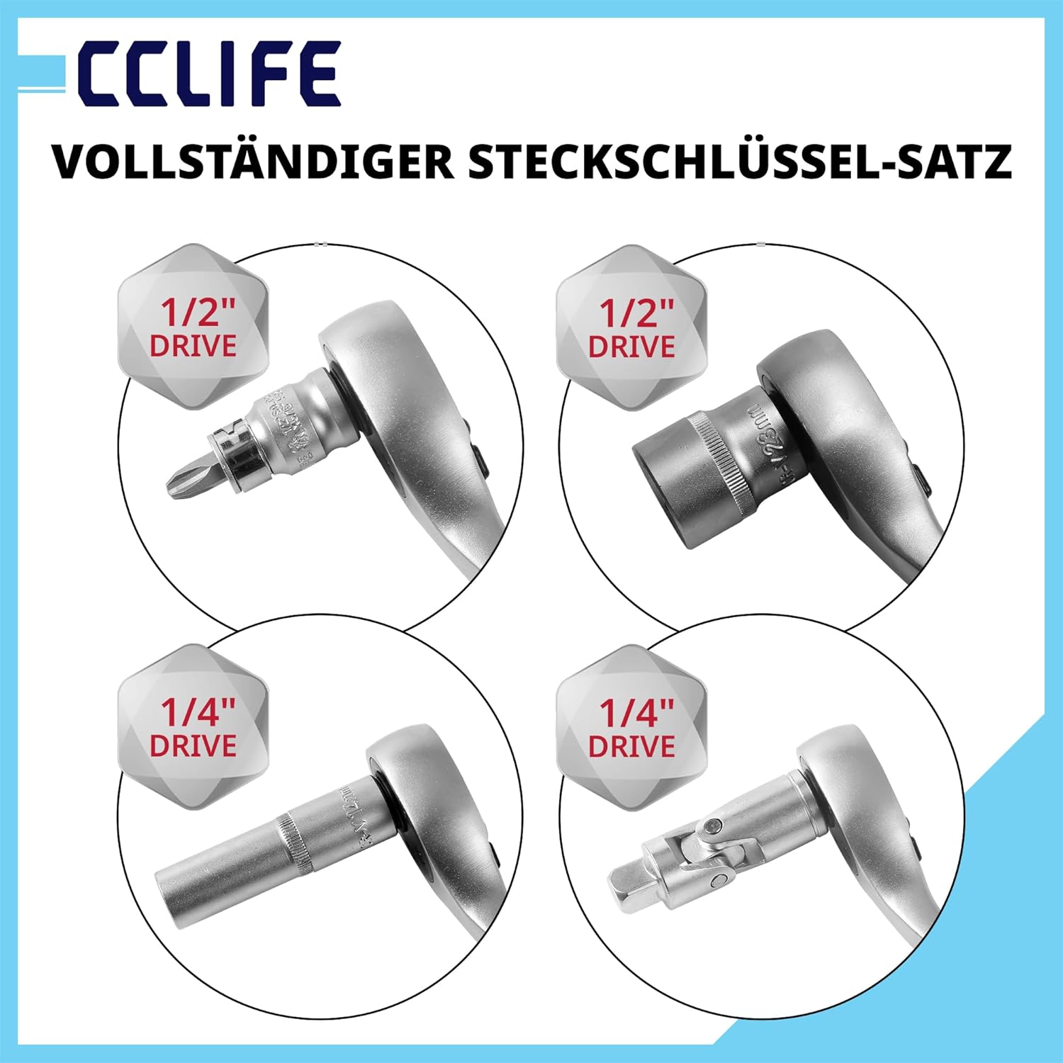 CCLIFE Steckschlüsselsatz 94-tlg. 1/4" 1/2" 4-32 mm | 72-Zahn Ratschen | 5° Rückholwinkel | CrV Stahl | klare Größenmarkierung | Werkzeugkoffer 5 CCLIFE Steckschlüsselsatz 94-tlg. 1/4" 1/2" 4-32 mm | 72-Zahn Ratschen | 5° Rückholwinkel | CrV Stahl | klare Größenmarkierung | Werkzeugkoffer – Bild 5