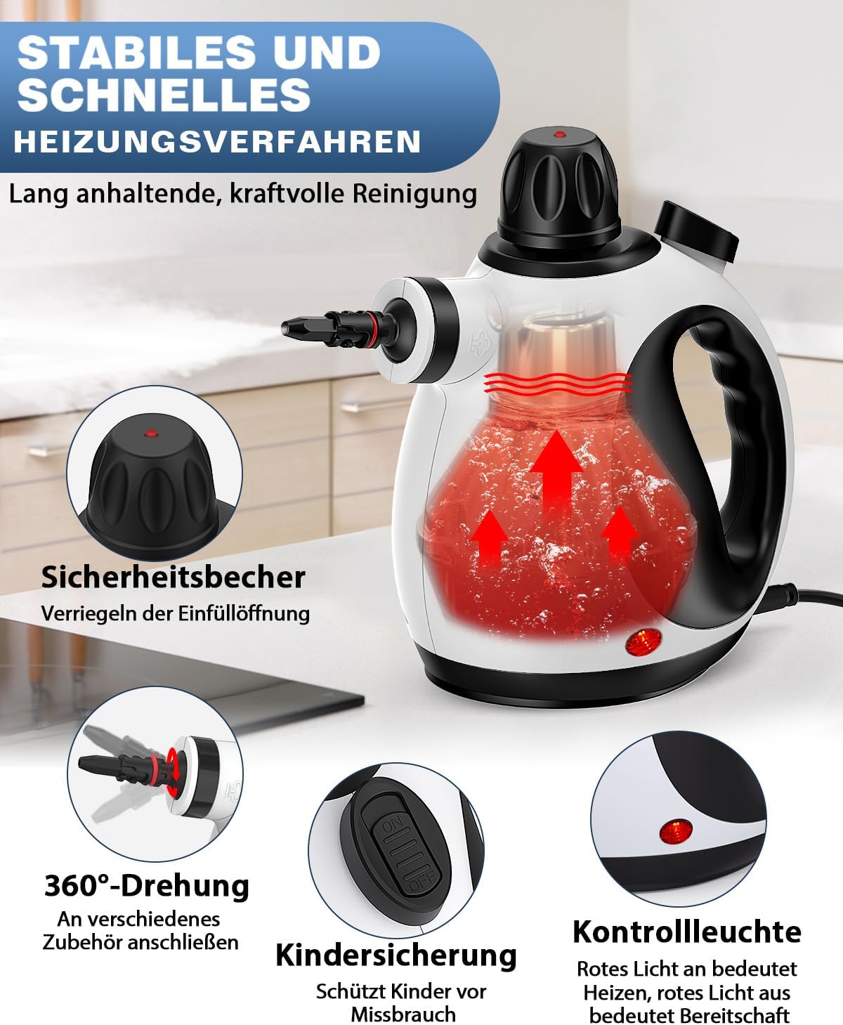 KLONA Dampfreiniger Handgerät, Steam Cleaner mit 10 Zubehör | für Teppiche, Fliesen, Sofas, Bad, Küche | Schmutz Bakterien Fett | 3 Min Schnellheizung | Dampfdruck: 3.2 bar | chemiefrei 5 KLONA Dampfreiniger Handgerät, Steam Cleaner mit 10 Zubehör | für Teppiche, Fliesen, Sofas, Bad, Küche | Schmutz Bakterien Fett | 3 Min Schnellheizung | Dampfdruck: 3.2 bar | chemiefrei – Bild 5