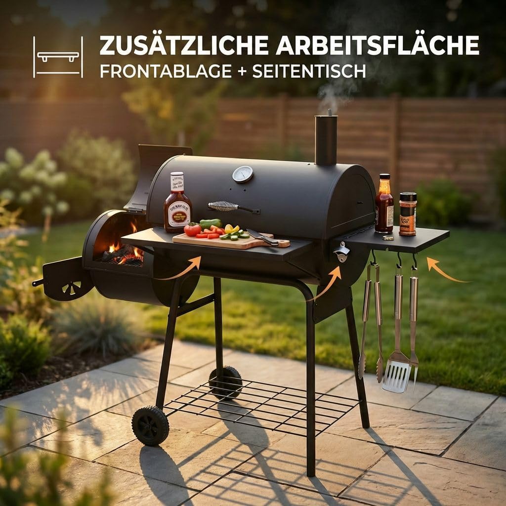 Lugia Holzkohlegrill mit Smoker – XXL Grillwagen 66x41 cm – BBQ Grill mit Deckel, Thermometer, Warmhalterost, Seitentisch & Flaschenöffner – Offset Smoker für Garten & Terrasse 3 Lugia Holzkohlegrill mit Smoker – XXL Grillwagen 66x41 cm – BBQ Grill mit Deckel, Thermometer, Warmhalterost, Seitentisch & Flaschenöffner – Offset Smoker für Garten & Terrasse – Bild 3