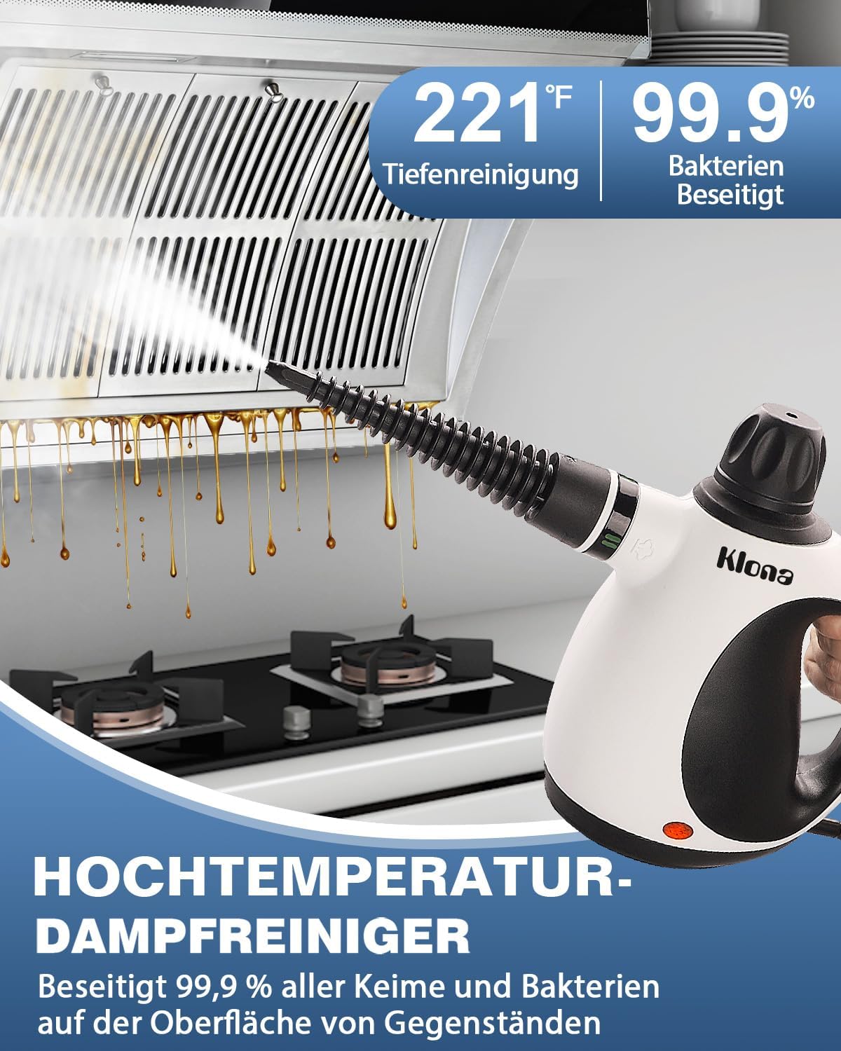 KLONA Dampfreiniger Handgerät, Steam Cleaner mit 10 Zubehör | für Teppiche, Fliesen, Sofas, Bad, Küche | Schmutz Bakterien Fett | 3 Min Schnellheizung | Dampfdruck: 3.2 bar | chemiefrei 2 KLONA Dampfreiniger Handgerät, Steam Cleaner mit 10 Zubehör | für Teppiche, Fliesen, Sofas, Bad, Küche | Schmutz Bakterien Fett | 3 Min Schnellheizung | Dampfdruck: 3.2 bar | chemiefrei – Bild 2
