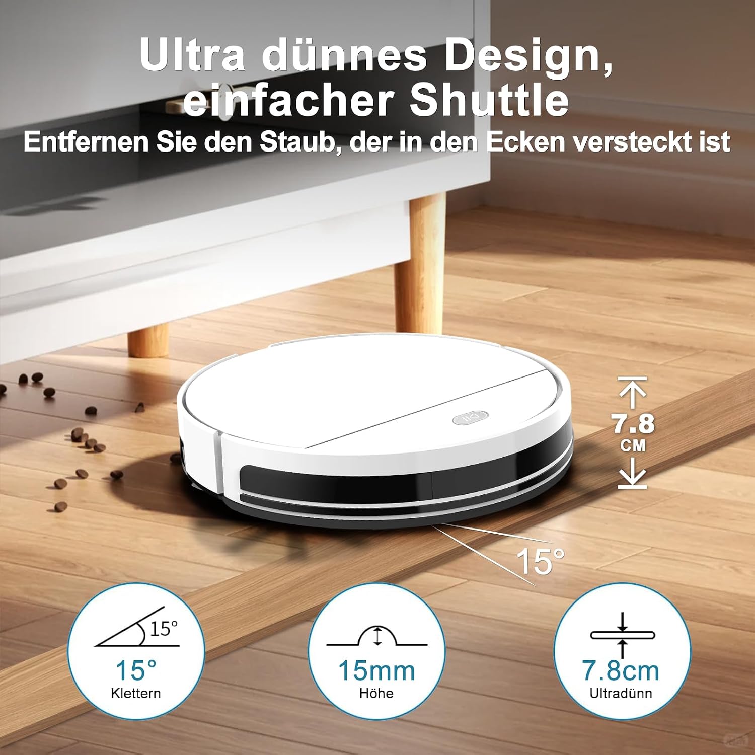 Saugroboter mit Wischfunktion bis zu 5500 Pa Anti-Tangle-Seitenbürste | 2-in-1 Staubsauger Roboter APP/Alexa/Fernbedienung, 7.8CM, Selbstladend, Geeignet für Tierhaare, 120 Mins, 2.4G WiFi- Weiß 5 Saugroboter mit Wischfunktion bis zu 5500 Pa Anti-Tangle-Seitenbürste | 2-in-1 Staubsauger Roboter APP/Alexa/Fernbedienung, 7.8CM, Selbstladend, Geeignet für Tierhaare, 120 Mins, 2.4G WiFi- Weiß – Bild 5