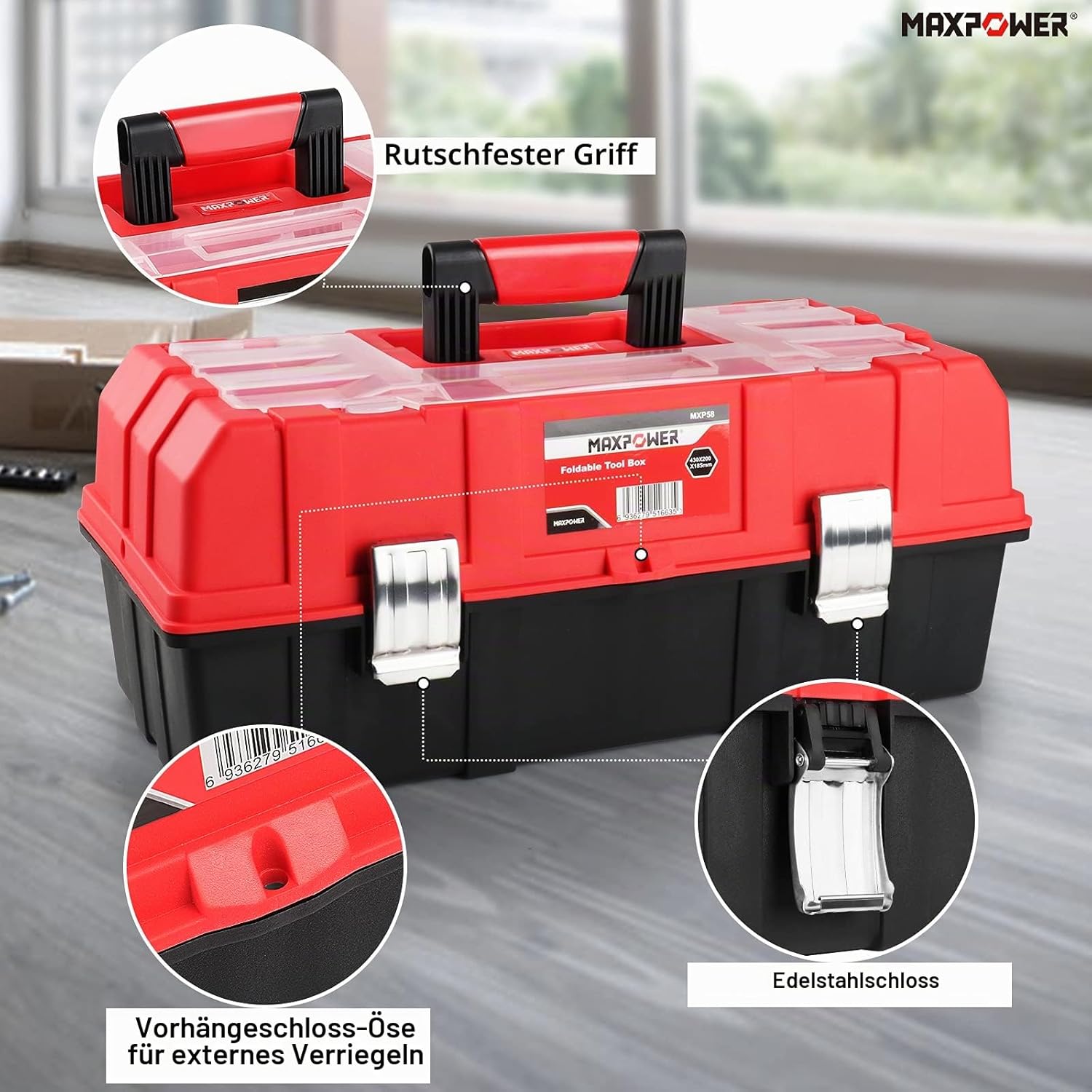 MAXPOWER 17-Zoll Leichtbau-Klapptoolbox mit 3-stufigem Tray und Fächern | 3-stufiges Klapptray – Drei ausklappbare Ebenen für übersichtliche Aufbewahrung und schnellen Zugriff. 5 MAXPOWER 17-Zoll Leichtbau-Klapptoolbox mit 3-stufigem Tray und Fächern | 3-stufiges Klapptray – Drei ausklappbare Ebenen für übersichtliche Aufbewahrung und schnellen Zugriff. – Bild 5