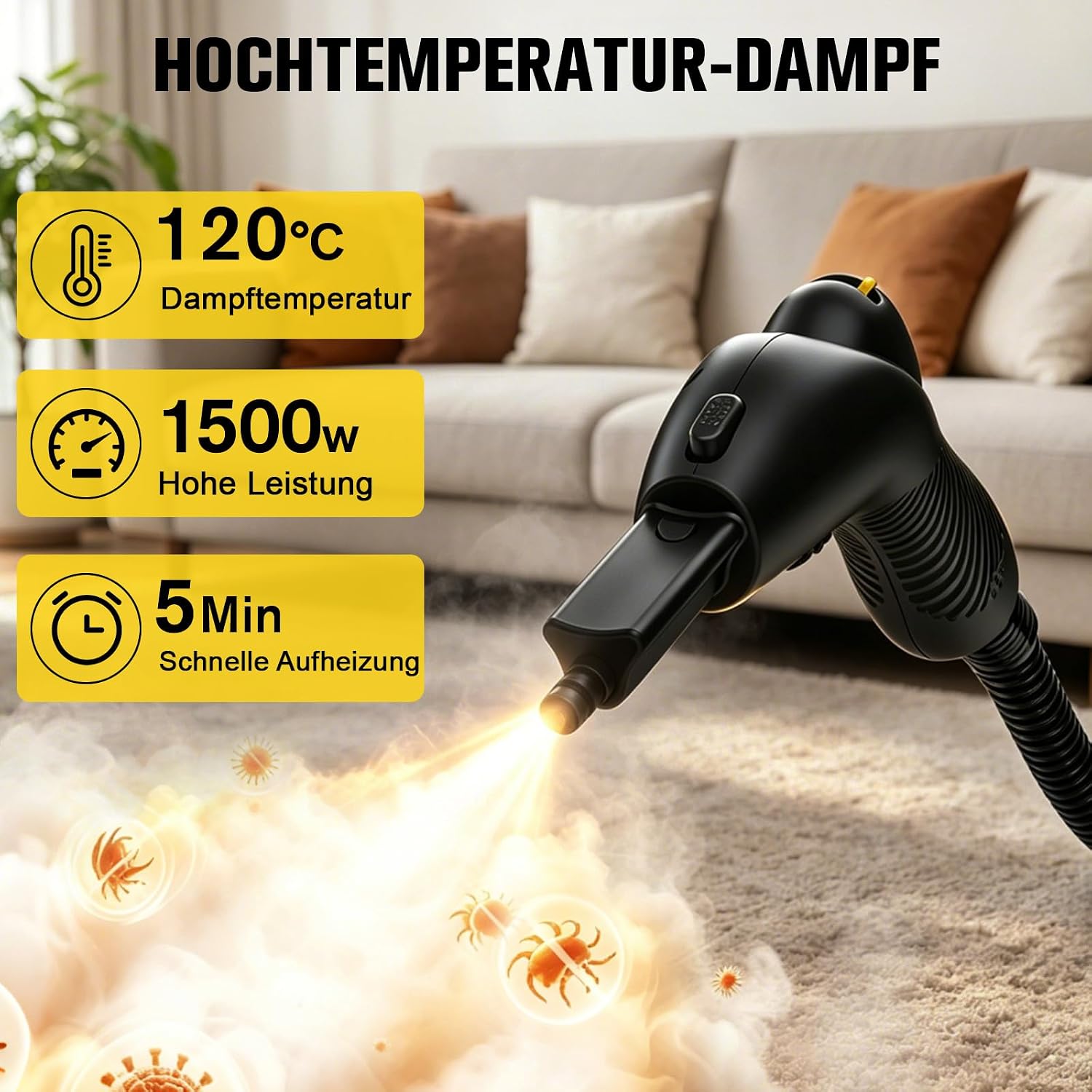 Waitbird Hand-Dampfreiniger für Zuhause, 4,5 Bar, 120 °C Heißdampf, 1500W | 21 Zubehörteile | Chemikalienfrei für Boden, Auto, Wand, Fugen, Küche und Bad | Doppelte Sicherheitsverriegelung 4 Waitbird Hand-Dampfreiniger für Zuhause, 4,5 Bar, 120 °C Heißdampf, 1500W | 21 Zubehörteile | Chemikalienfrei für Boden, Auto, Wand, Fugen, Küche und Bad | Doppelte Sicherheitsverriegelung – Bild 4