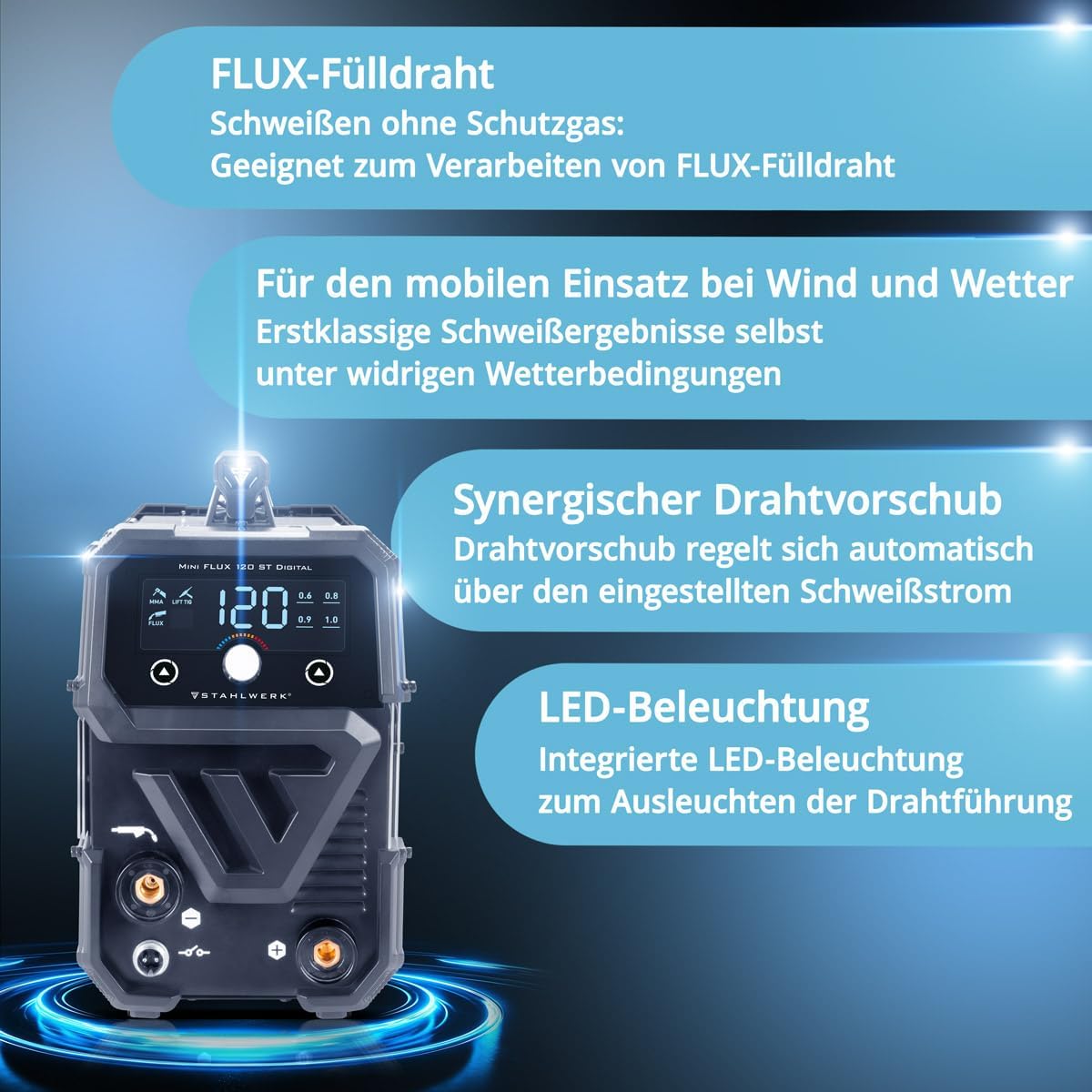 STAHLWERK Schweißgerät Mini FLUX 120 ST Digital – Schweißen ohne Schutzgas | Mit Fülldraht bis 120 A, kompakt mit synergischem Drahtvorschub und LED-Licht, Lift-TIG- und MMA-Funktion (E-Hand/ARC) 4 STAHLWERK Schweißgerät Mini FLUX 120 ST Digital – Schweißen ohne Schutzgas | Mit Fülldraht bis 120 A, kompakt mit synergischem Drahtvorschub und LED-Licht, Lift-TIG- und MMA-Funktion (E-Hand/ARC) – Bild 4