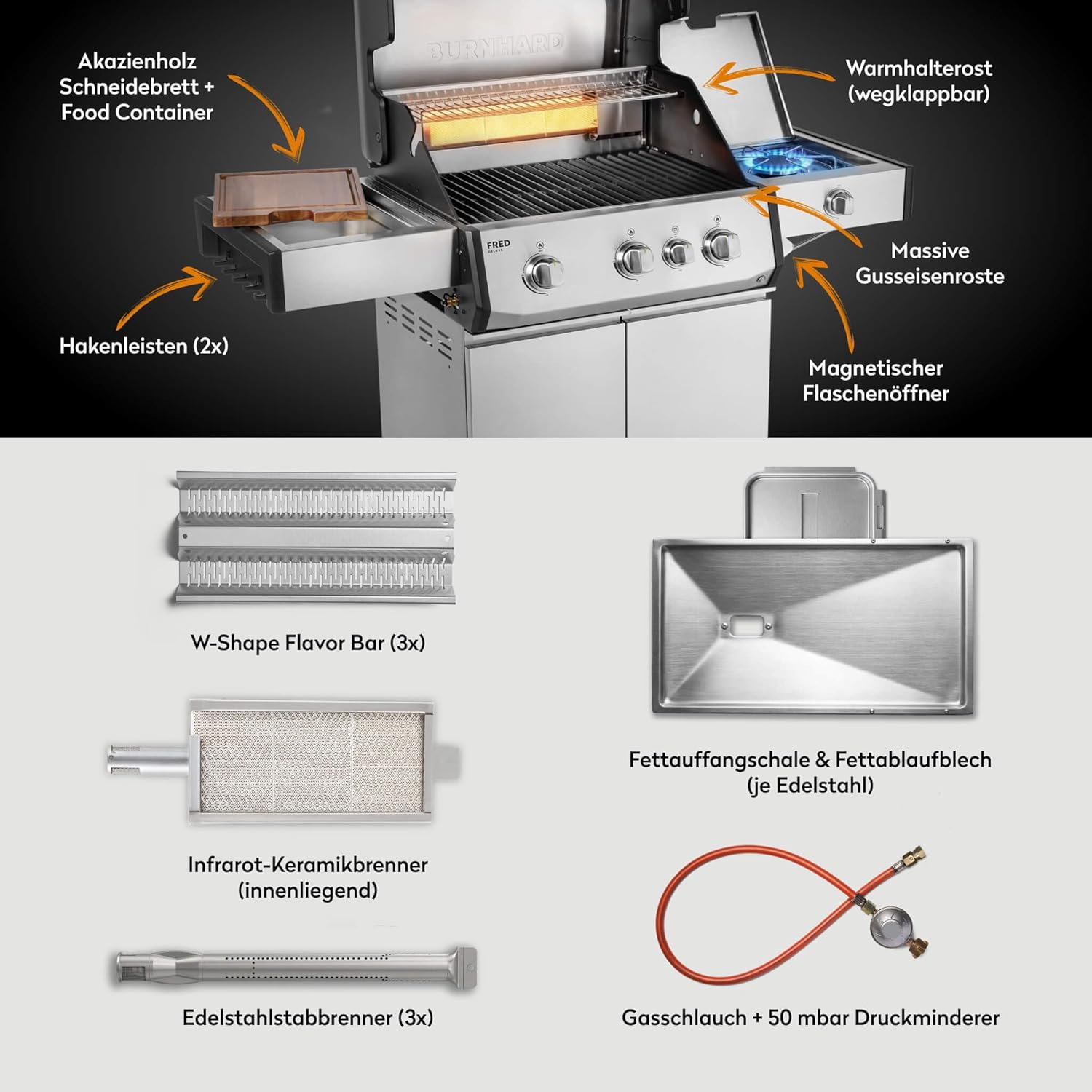 BURNHARD® FRED Deluxe Gasgrill 3-Brenner, Gusseisenrost, Edelstahl 4 BURNHARD® FRED Deluxe Gasgrill 3-Brenner, Gusseisenrost, Edelstahl – Bild 4