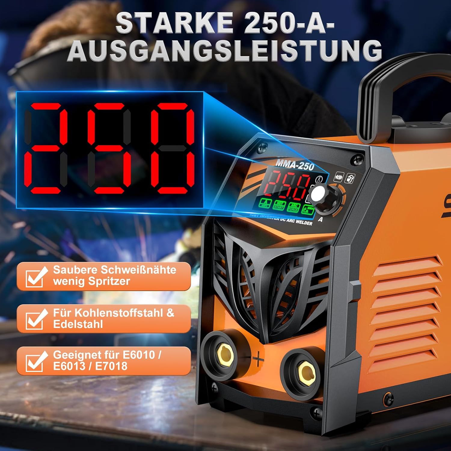 SOARFLY Elektroden Schweißgerät, 250 A, Dualspannung, MMA, Lift TIG | Für Heimwerker und Reparaturen, 110 V und 220 V mit automatischer Erkennung, Hot Start, Arc Force, großes LED Display, Orange 2 SOARFLY Elektroden Schweißgerät, 250 A, Dualspannung, MMA, Lift TIG | Für Heimwerker und Reparaturen, 110 V und 220 V mit automatischer Erkennung, Hot Start, Arc Force, großes LED Display, Orange – Bild 2