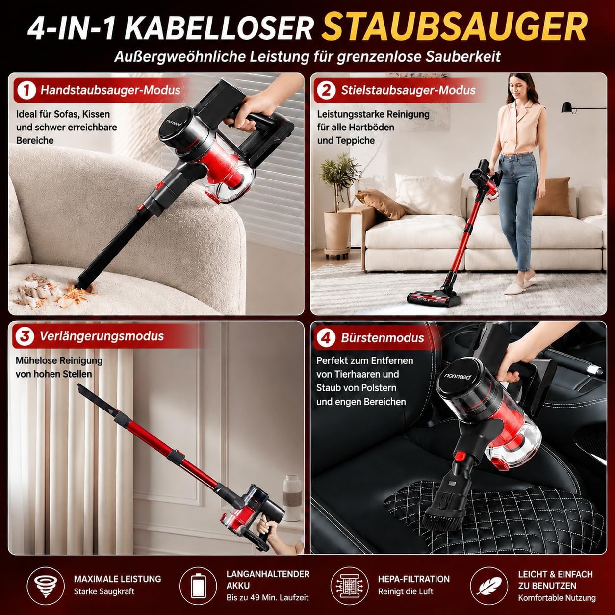 4-in-1-Kabelloser Staubsauger, 49 Min / Teleskoprohr / leicht / HEPA-Filter 4 4-in-1-Kabelloser Staubsauger, 49 Min / Teleskoprohr / leicht / HEPA-Filter – Bild 4