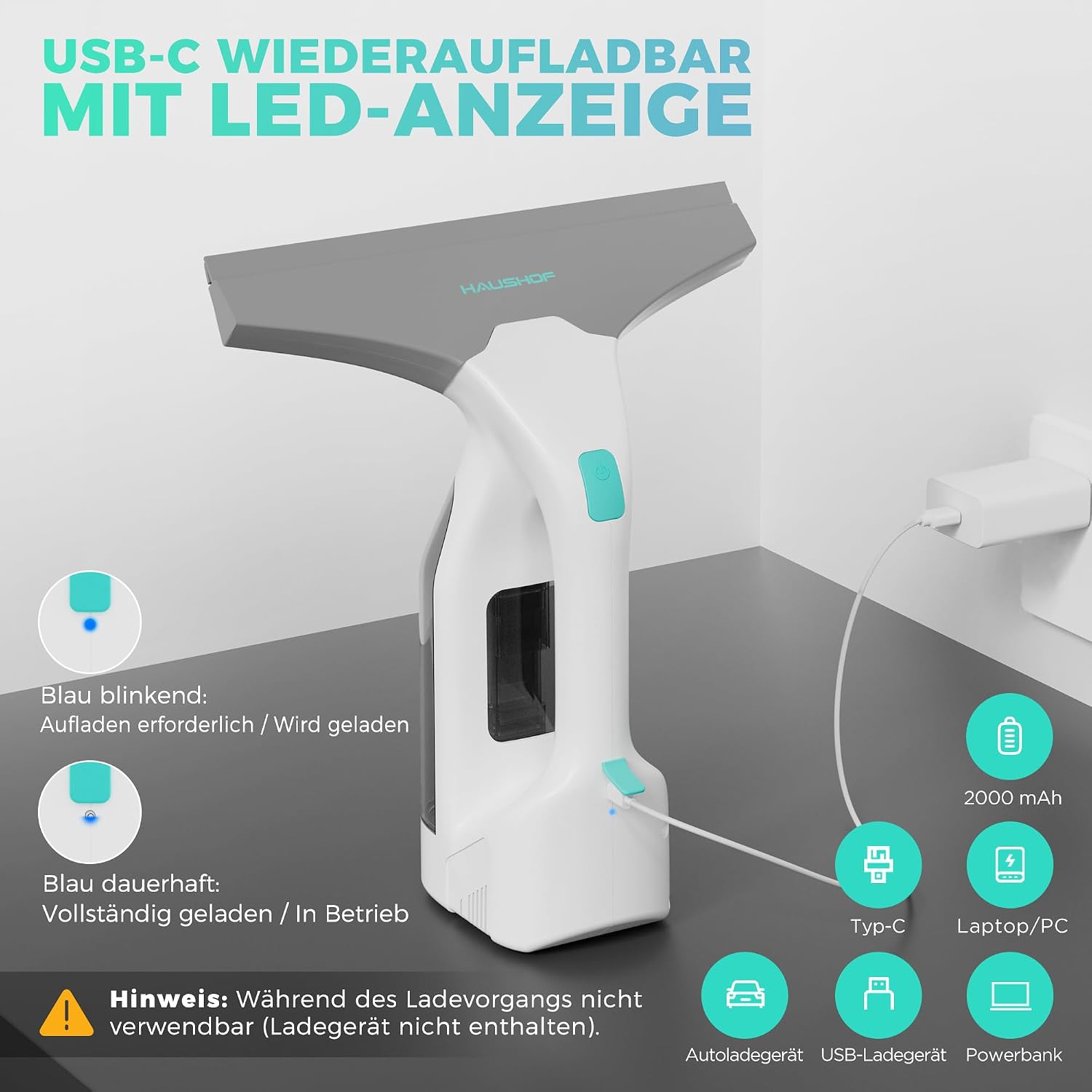 HAUSHOF Akku Fenstersauger Set, Kabelloser Fensterreiniger Fensterputzer mit 30 Min Laufzeit 4 HAUSHOF Akku Fenstersauger Set, Kabelloser Fensterreiniger Fensterputzer mit 30 Min Laufzeit – Bild 4
