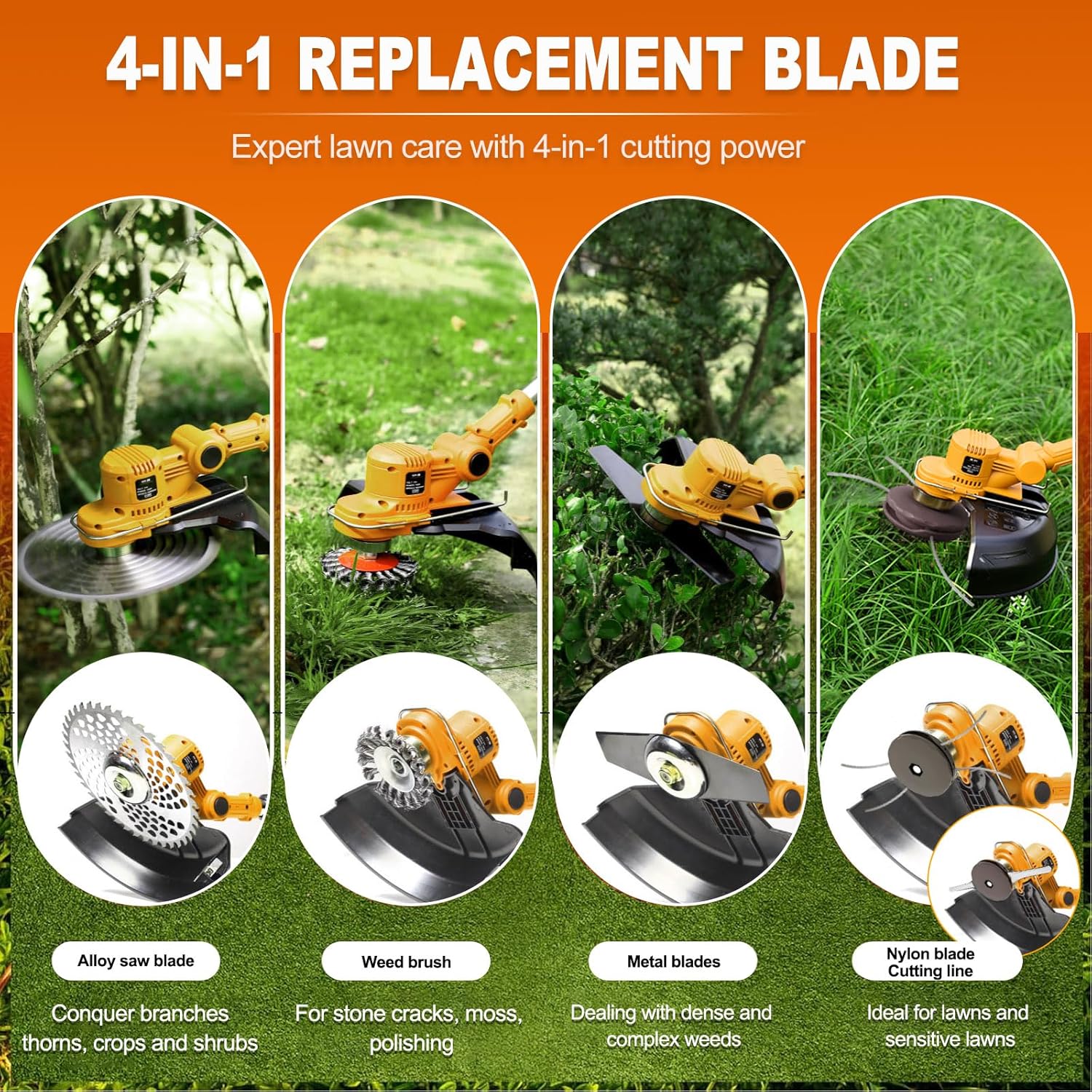 Rasentrimmer mit Akku und Unkrautbürste, Akku Rasentrimmer für Makita-Akkus mit 4 Klingentypen und 2 x 4.0Ah Bürstenlose Freischneider Akku für Garden Trimmen (Gelb) 2 Rasentrimmer mit Akku und Unkrautbürste, Akku Rasentrimmer für Makita-Akkus mit 4 Klingentypen und 2 x 4.0Ah Bürstenlose Freischneider Akku für Garden Trimmen (Gelb) – Bild 2