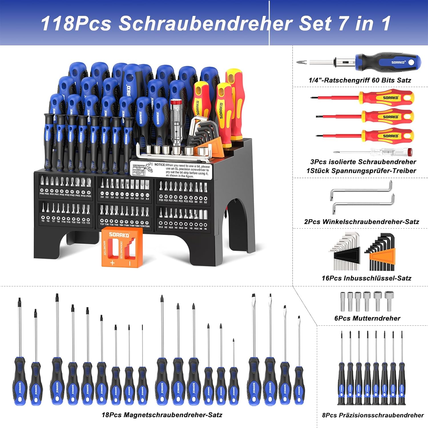 SORAKO Magnetisches Schraubendreher Set 118-teilig, mit Ratschenfunktion | Inklusive Bits, Präzisions- & isolierte Schraubendreher. Ideal für die Wartung zu Hause und im Büro. 3 SORAKO Magnetisches Schraubendreher Set 118-teilig, mit Ratschenfunktion | Inklusive Bits, Präzisions- & isolierte Schraubendreher. Ideal für die Wartung zu Hause und im Büro. – Bild 3