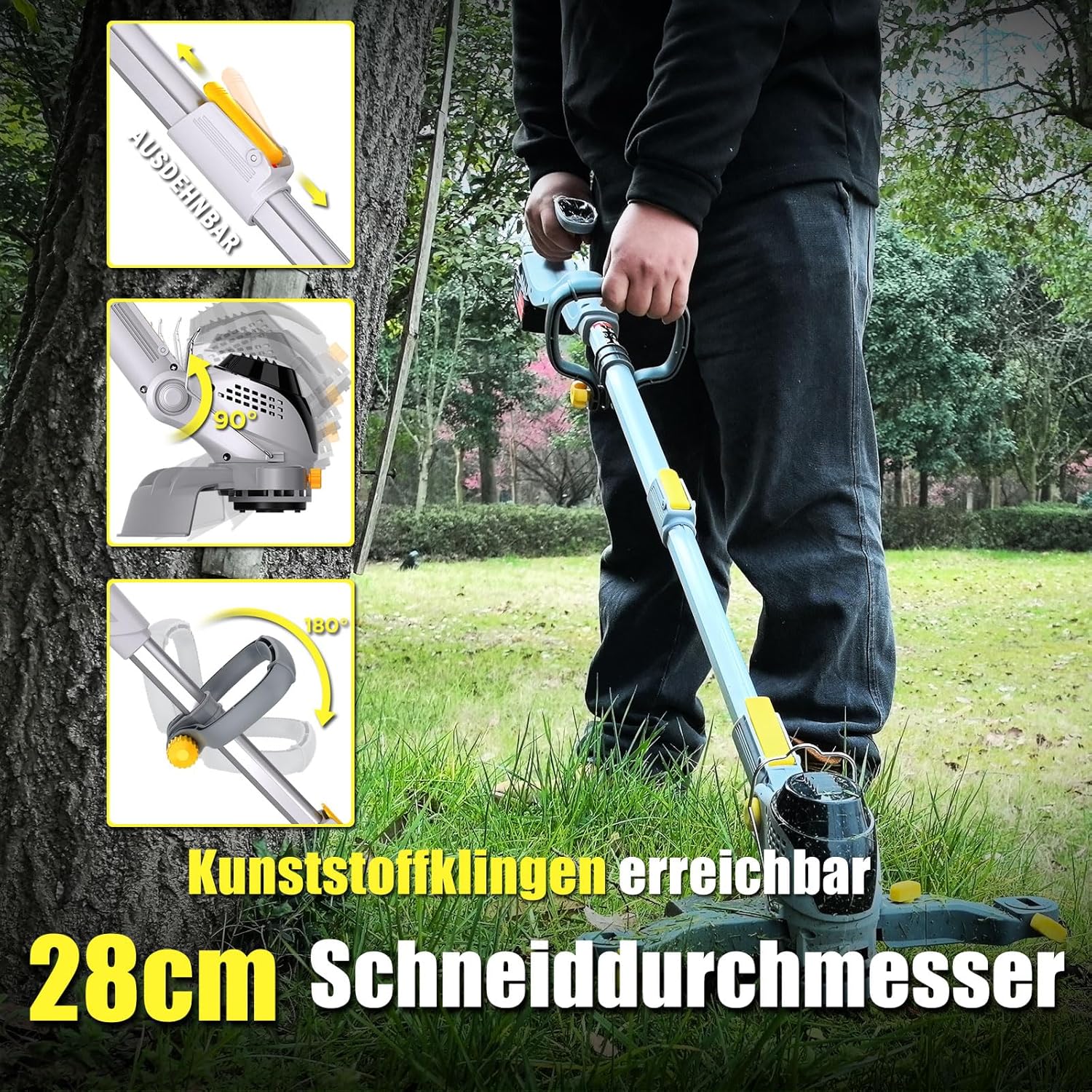 28CM Akku-Rasentrimmer, (2 x 21V 4.0A Akku und schnelles Ladegerät, Hilfsgleitrad, Trimmrad, Teleslopstiel, 2X Sägeblätter, 2X Metallmesser, 20x Kunststoffmesser) freischneider akku 2 28CM Akku-Rasentrimmer, (2 x 21V 4.0A Akku und schnelles Ladegerät, Hilfsgleitrad, Trimmrad, Teleslopstiel, 2X Sägeblätter, 2X Metallmesser, 20x Kunststoffmesser) freischneider akku – Bild 2