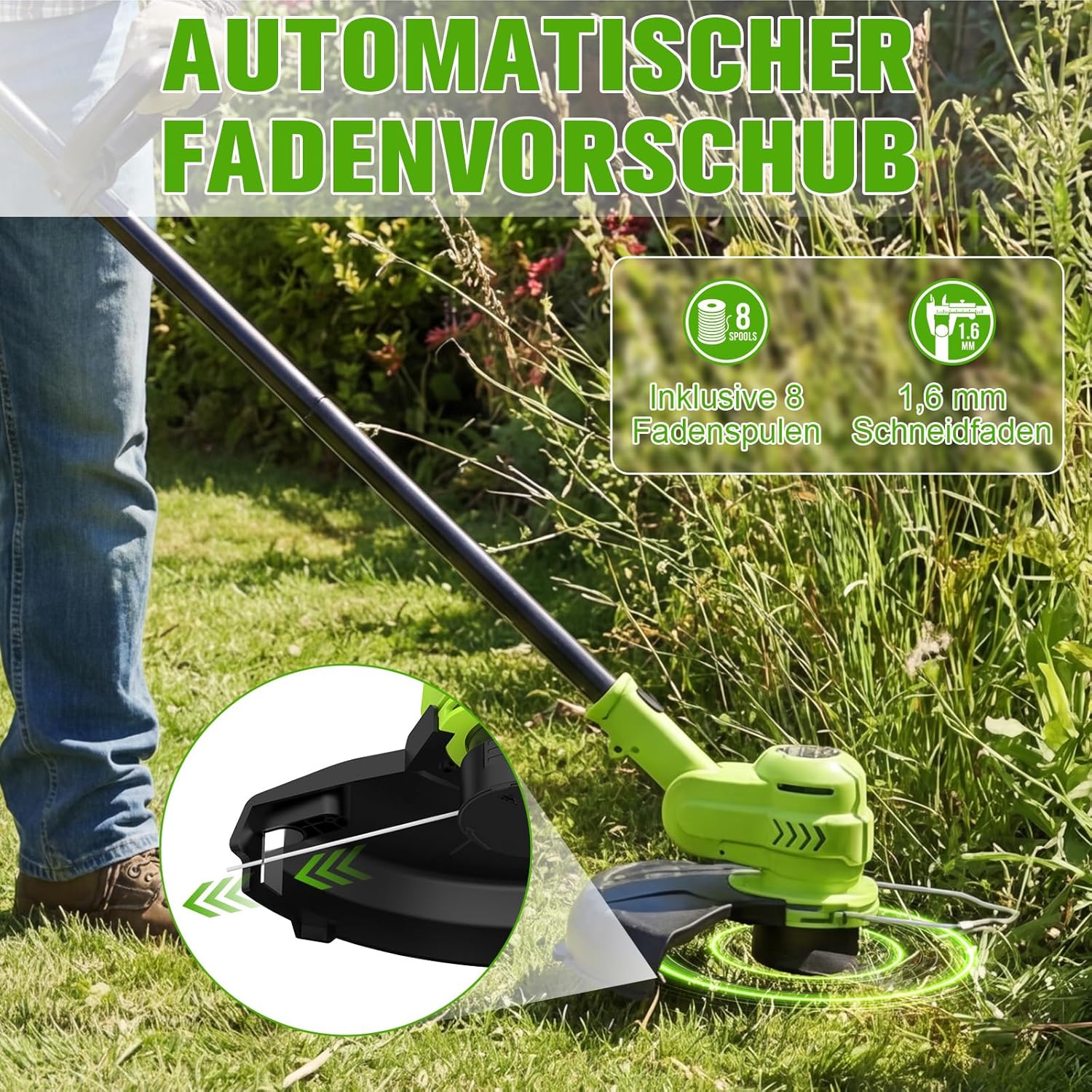 VOERJIA Akku Rasentrimmer 21V, 2-in-1 Rasentrimmer & Kantenschneider, LCD Akkuanzeige, 2×2000mAh Akku, Automatische Fadennachführung, 8 Fadenspulen, für Rasen, Rasenkanten & Gartenwege 4 VOERJIA Akku Rasentrimmer 21V, 2-in-1 Rasentrimmer & Kantenschneider, LCD Akkuanzeige, 2×2000mAh Akku, Automatische Fadennachführung, 8 Fadenspulen, für Rasen, Rasenkanten & Gartenwege – Bild 4