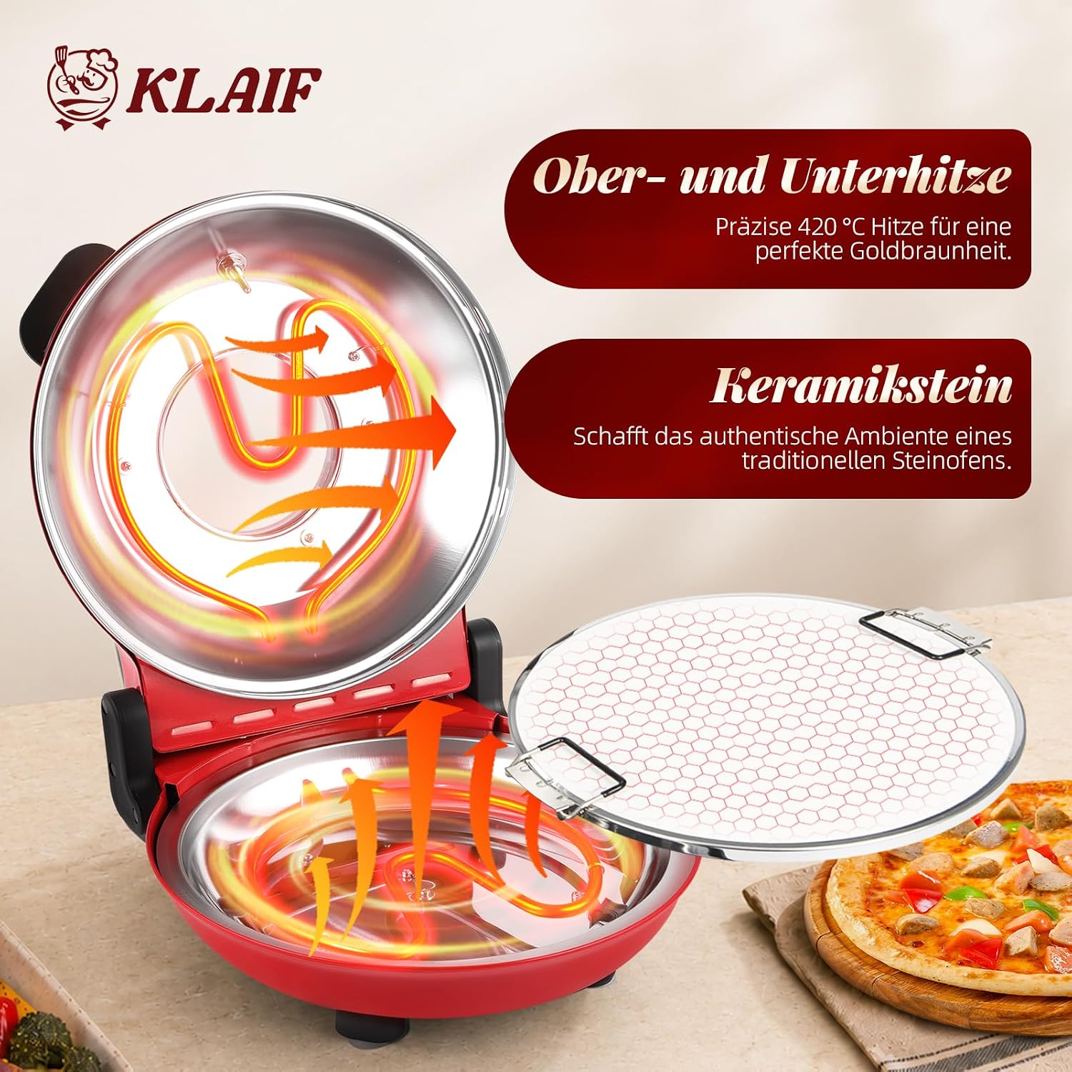 KLAIF Elektrischer Pizzaofen, LM-Rot | separat regelbare Ober- und Unterhitze, 31 cm Keramik-Pizzastein, Kompakter Pizzaofen für Zuhause, 1200 W, 420 °C 2 KLAIF Elektrischer Pizzaofen, LM-Rot | separat regelbare Ober- und Unterhitze, 31 cm Keramik-Pizzastein, Kompakter Pizzaofen für Zuhause, 1200 W, 420 °C – Bild 2