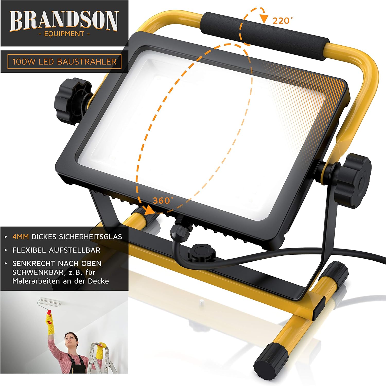 Brandson - 100W LED Baustrahler 144 SMD LEDs – Arbeitsleuchte – Bauscheinwerfer – Baulampe - Tragegriff 6000K – 10000 Lumen – 4 m Stromkabel – Metallgehäuse – IP65 2 Brandson - 100W LED Baustrahler 144 SMD LEDs – Arbeitsleuchte – Bauscheinwerfer – Baulampe - Tragegriff 6000K – 10000 Lumen – 4 m Stromkabel – Metallgehäuse – IP65 – Bild 2