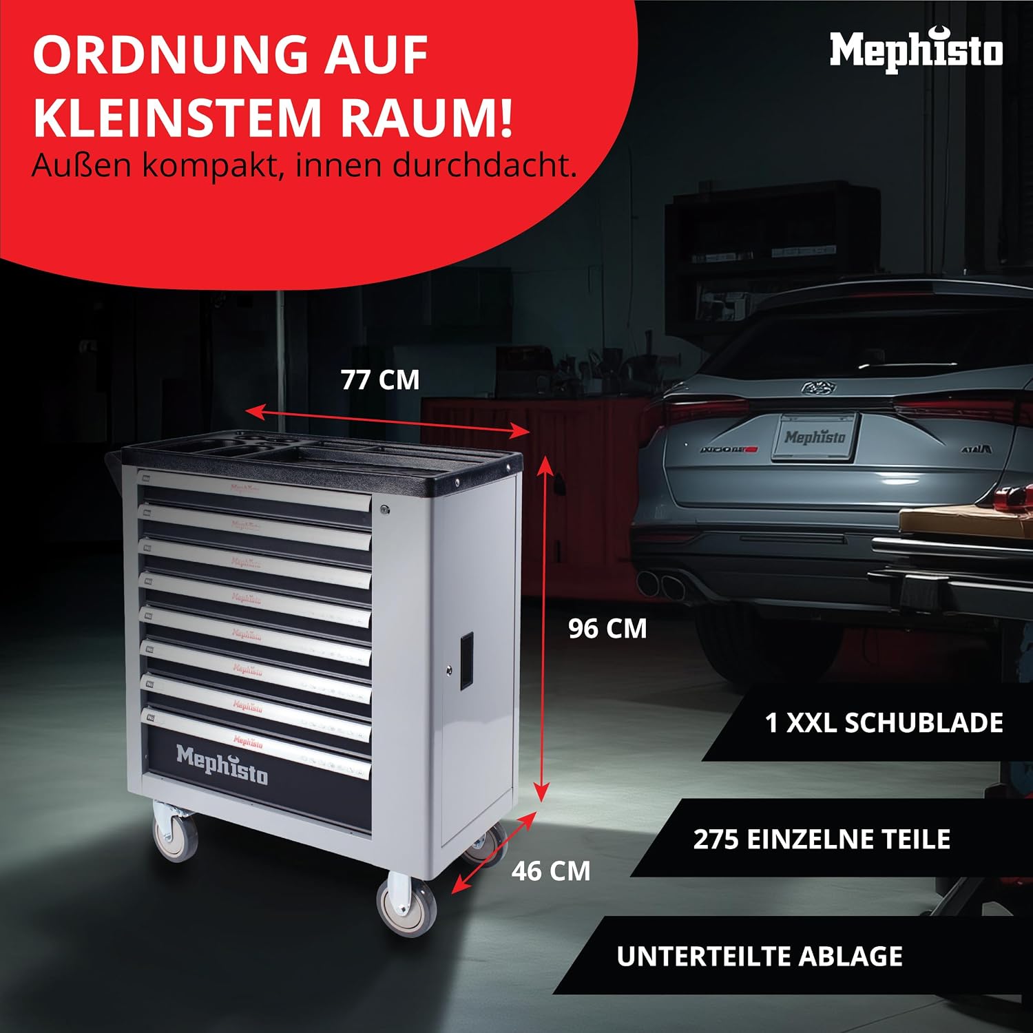 Mephisto Werkzeugwagen Werkstattwagen mit 8 Schubladen Davon 7 mit Werkzeug wie Schraubenschlüssel, Ratsche mit Nusskasten, Schraubendreher usw. in Soft Inlays in Carbonoptik gefüllte Schubladen 2 Mephisto Werkzeugwagen Werkstattwagen mit 8 Schubladen Davon 7 mit Werkzeug wie Schraubenschlüssel, Ratsche mit Nusskasten, Schraubendreher usw. in Soft Inlays in Carbonoptik gefüllte Schubladen – Bild 2