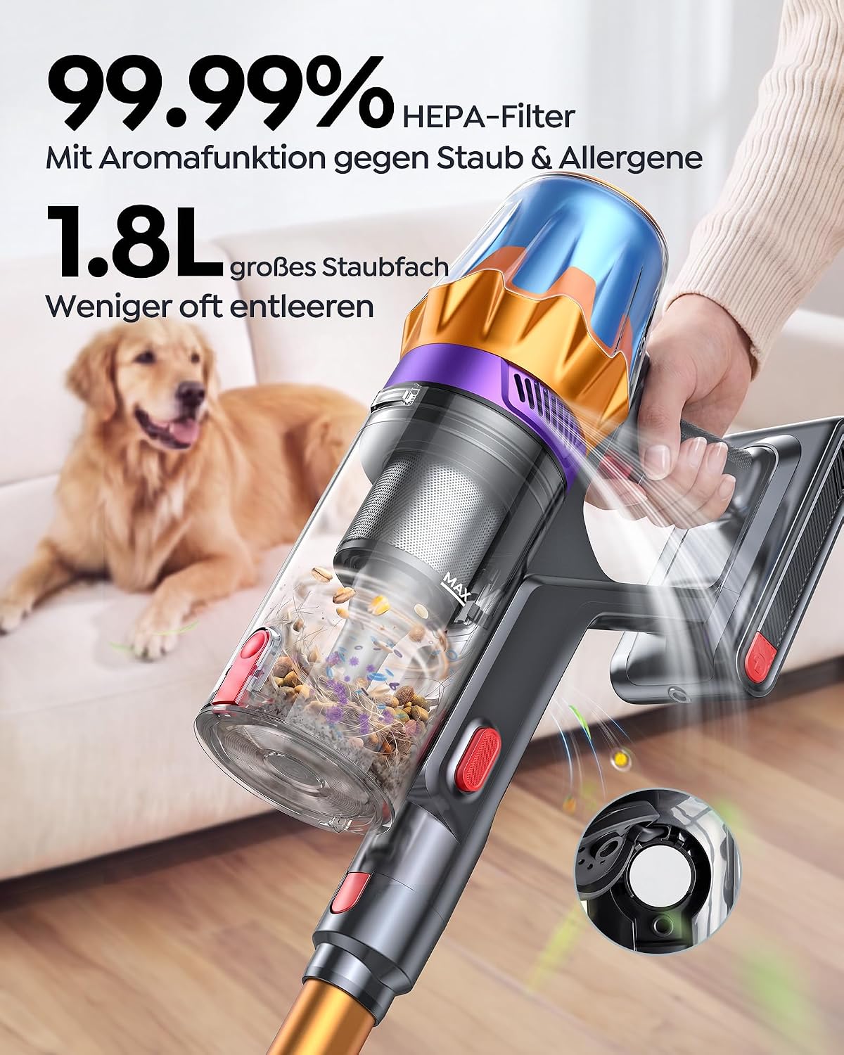 Fieety Akku Staubsauger 55KPa/650W/80Min, 1,8L Staubsauger Kabellos mit Automatikmodus, 1,5M Schlauch, Wandladestation, Duftfunktion, Ultraleise für Tierhaare/Teppiche/Hartböden/Auto 4 Fieety Akku Staubsauger 55KPa/650W/80Min, 1,8L Staubsauger Kabellos mit Automatikmodus, 1,5M Schlauch, Wandladestation, Duftfunktion, Ultraleise für Tierhaare/Teppiche/Hartböden/Auto – Bild 4