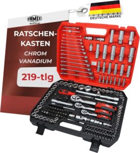 FAMEX 555-50 Steckschlüsselsatz 219-tlg. - 1/4 Zoll, 3/8 Zoll, 1/2 Zoll - alle Werkzeuge CV-Stahl - Werkzeug Set mit 3 Feinzahnknarren - Ratschenkasten, Ring-Maulschlüssel DIN 3113, Stecknüsse, Bits