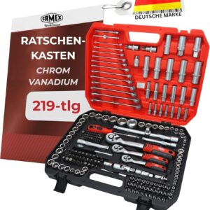 FAMEX 555-50 Steckschlüsselsatz 219-tlg. - 1/4 Zoll, 3/8 Zoll, 1/2 Zoll - alle Werkzeuge CV-Stahl - Werkzeug Set mit 3 Feinzahnknarren - Ratschenkasten, Ring-Maulschlüssel DIN 3113, Stecknüsse, Bits