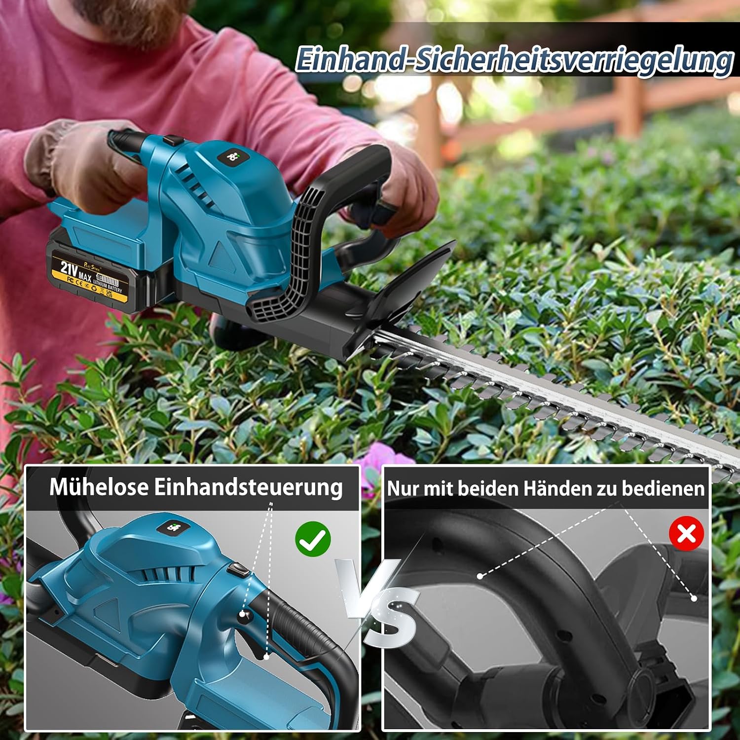 Akku-Heckenschere mit 2 x 4000 mAh Akku | Digitale Akkuanzeige, 90° drehbarer Handgriff, Hochwertige Messer, Reinkupfer-Motor, Für Sträucher & Bäume 4 Akku-Heckenschere mit 2 x 4000 mAh Akku | Digitale Akkuanzeige, 90° drehbarer Handgriff, Hochwertige Messer, Reinkupfer-Motor, Für Sträucher & Bäume – Bild 4