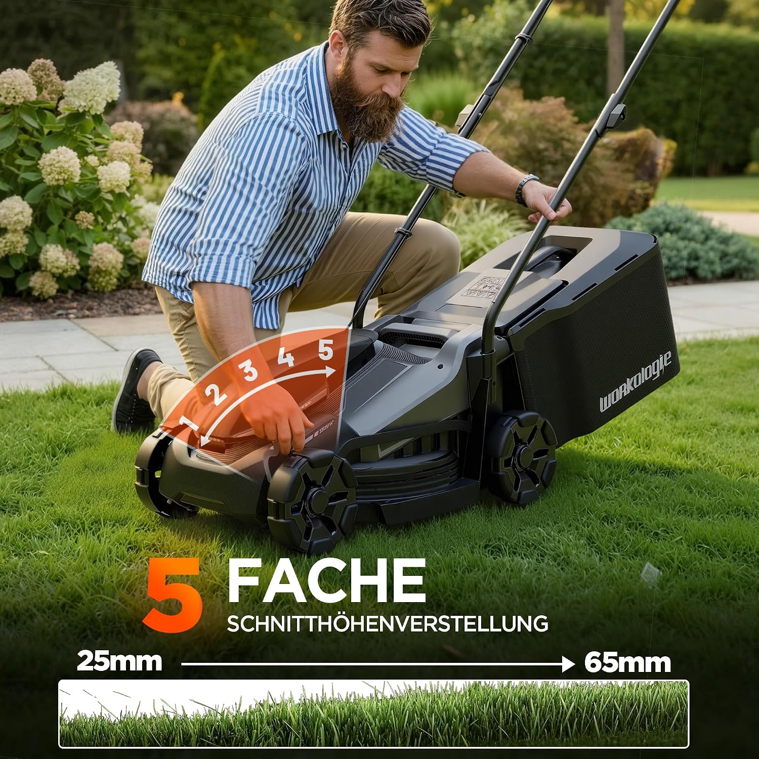 33 cm 20V Bürstenloser Akku-Rasenmäher für kleine Gärten | 20V 5,0Ah Akku & Ladegerät, 5-Stufen Höhenverstellung 25–65mm, 35L Grasfangkorb, Mulchmodus, 1 Ersatzklinge 4 33 cm 20V Bürstenloser Akku-Rasenmäher für kleine Gärten | 20V 5,0Ah Akku & Ladegerät, 5-Stufen Höhenverstellung 25–65mm, 35L Grasfangkorb, Mulchmodus, 1 Ersatzklinge – Bild 4