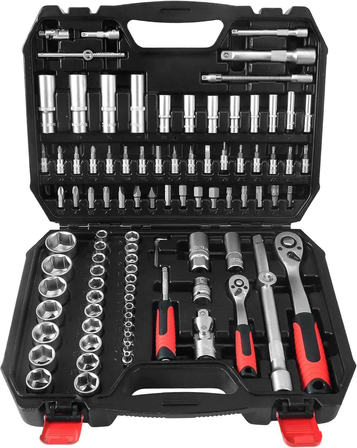 CCLIFE Steckschlüsselsatz 94-tlg. 1/4" 1/2" 4-32 mm | 72-Zahn Ratschen | 5° Rückholwinkel | CrV Stahl | klare Größenmarkierung | Werkzeugkoffer 1 CCLIFE Steckschlüsselsatz 94-tlg. 1/4" 1/2" 4-32 mm | 72-Zahn Ratschen | 5° Rückholwinkel | CrV Stahl | klare Größenmarkierung | Werkzeugkoffer