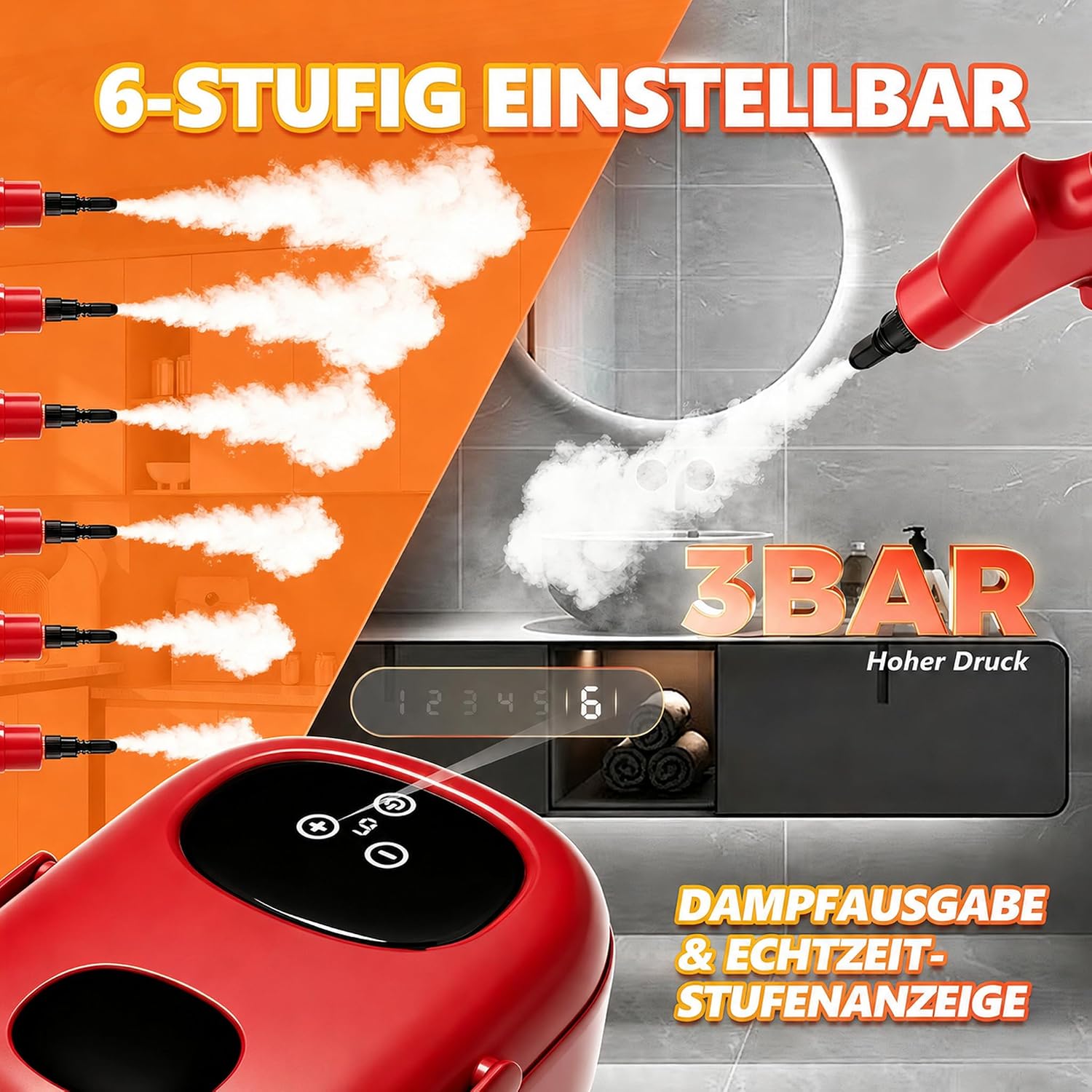 Dampfreiniger Handgerät, 15 Sekunden Aufheizzeit, 1,1L Wassertank, Rot 3 Dampfreiniger Handgerät, 15 Sekunden Aufheizzeit, 1,1L Wassertank, Rot – Bild 3