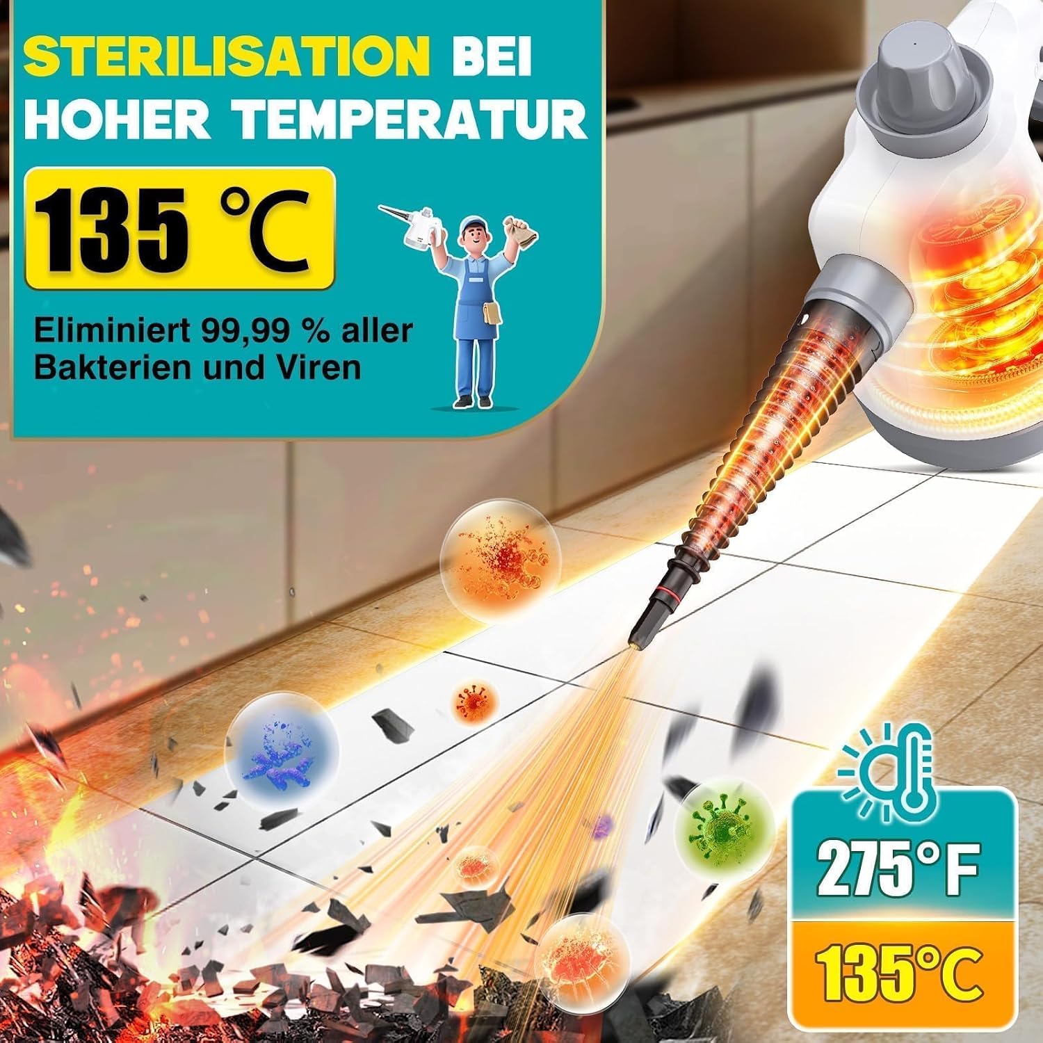 Rolipo Dampfreiniger Handgerät mit 12-Teiligem Zubehör, 1050W Steam Cleaner für Haushalt, Küche, Bad, Fenster, Polster & Auto–100% Chemiefrei, Hochdruck-Dampf gegen Schmutz Fett & Bakterien 2 Rolipo Dampfreiniger Handgerät mit 12-Teiligem Zubehör, 1050W Steam Cleaner für Haushalt, Küche, Bad, Fenster, Polster & Auto–100% Chemiefrei, Hochdruck-Dampf gegen Schmutz Fett & Bakterien – Bild 2