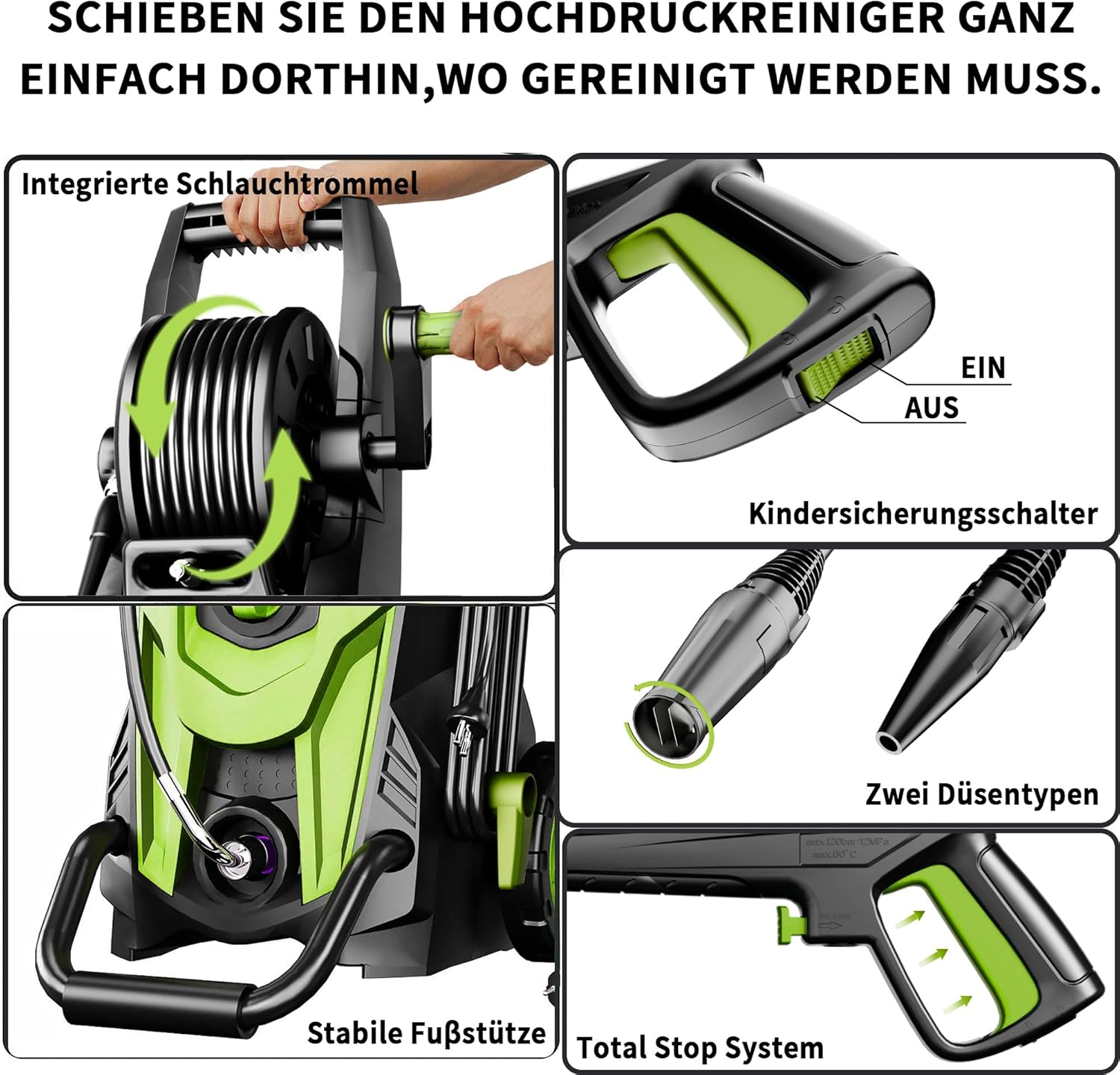 2026NEW Hochdruckreiniger 180 Bar, 450 l/h, Elektrischer Hochdruckreiniger mit 7 m Hochdruckschlauch, Schlauchtrommel, 500 ml Reinigungsmittelbehälter & 6-in-1-Düse, für Auto, Terrasse und Garten 5 2026NEW Hochdruckreiniger 180 Bar, 450 l/h, Elektrischer Hochdruckreiniger mit 7 m Hochdruckschlauch, Schlauchtrommel, 500 ml Reinigungsmittelbehälter & 6-in-1-Düse, für Auto, Terrasse und Garten – Bild 5
