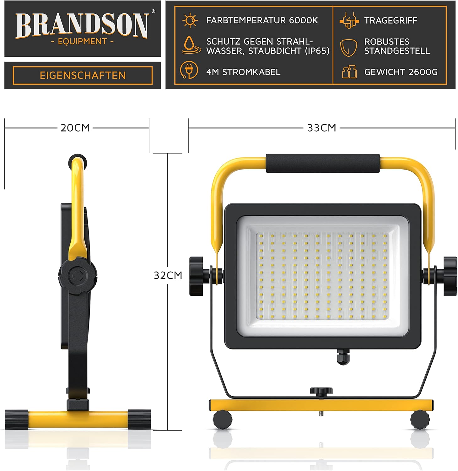 Brandson - 100W LED Baustrahler 144 SMD LEDs – Arbeitsleuchte – Bauscheinwerfer – Baulampe - Tragegriff 6000K – 10000 Lumen – 4 m Stromkabel – Metallgehäuse – IP65 4 Brandson - 100W LED Baustrahler 144 SMD LEDs – Arbeitsleuchte – Bauscheinwerfer – Baulampe - Tragegriff 6000K – 10000 Lumen – 4 m Stromkabel – Metallgehäuse – IP65 – Bild 4